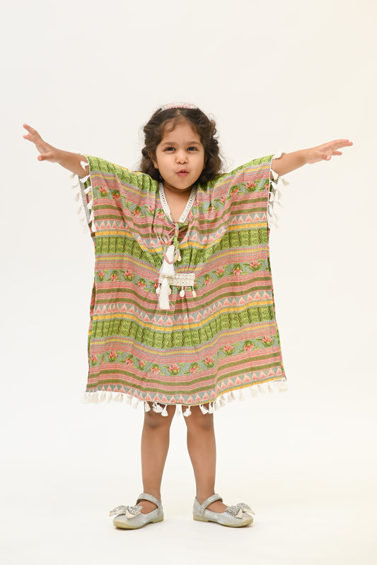 Girls Rangrez Pure Cotton Kaftaan - Green/Yellow