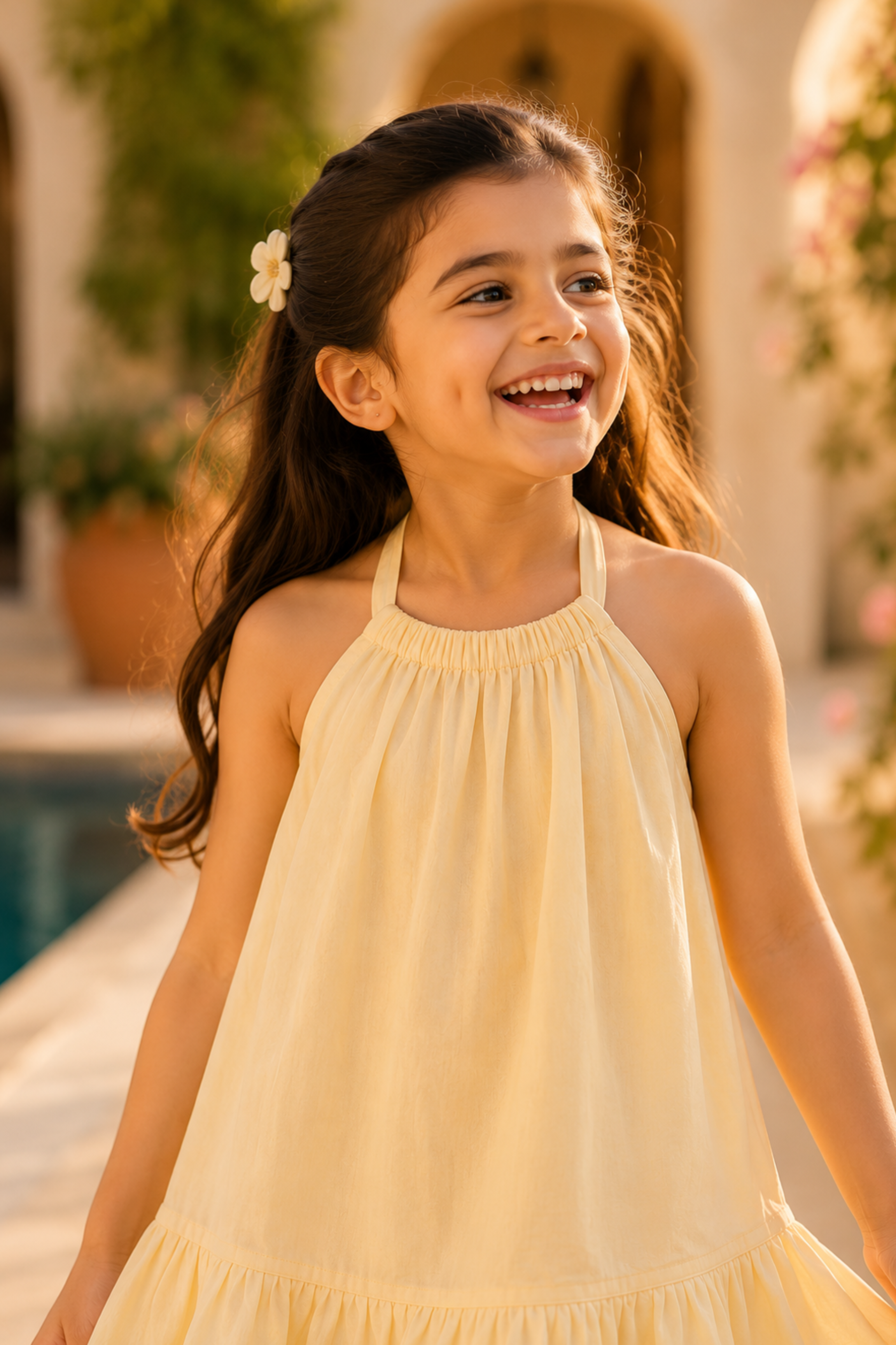 Girls Pure Mulmul halter neck tiered dress - Butter Yellow