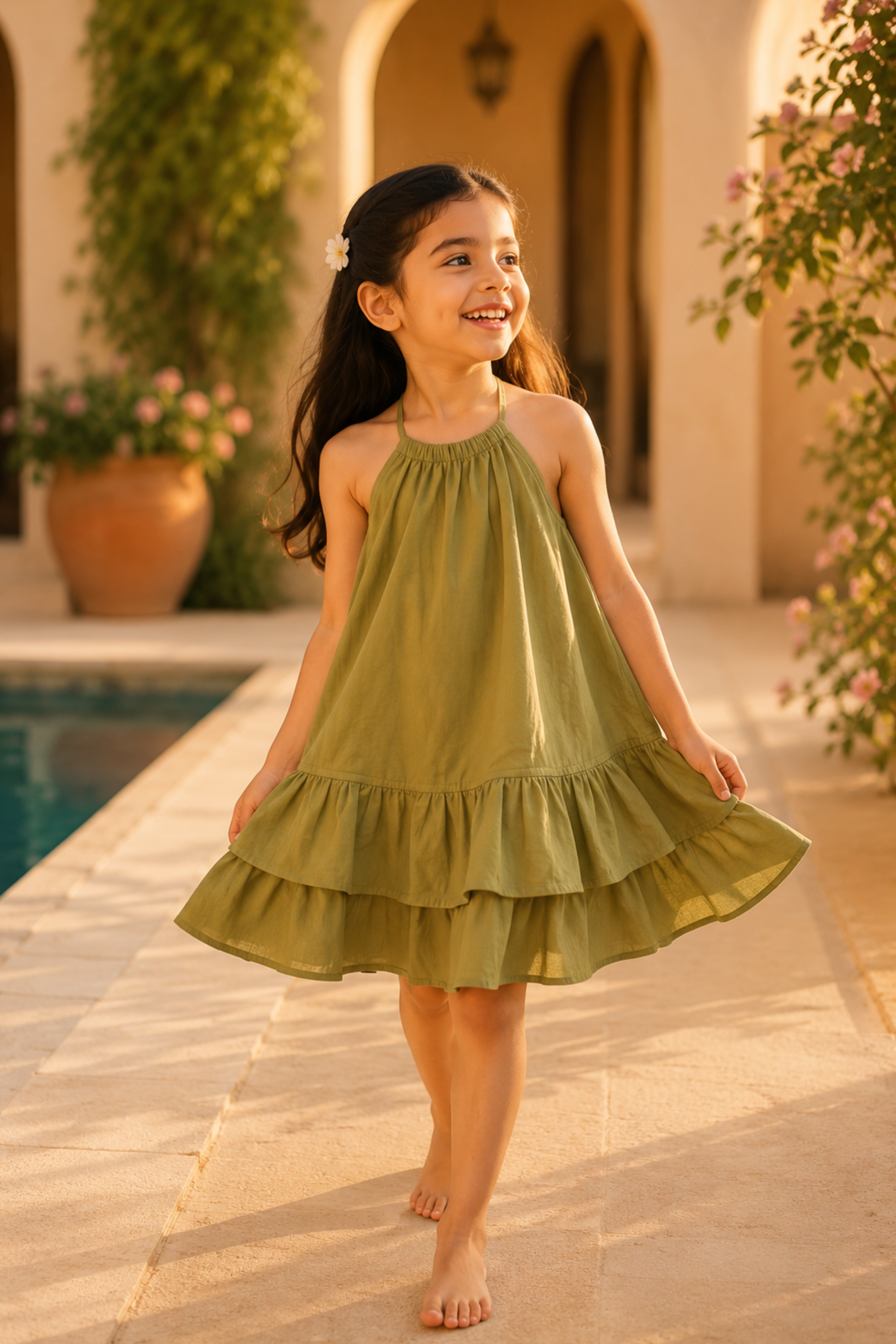 Girls Pure Mulmul halter neck tiered dress - Nature Green