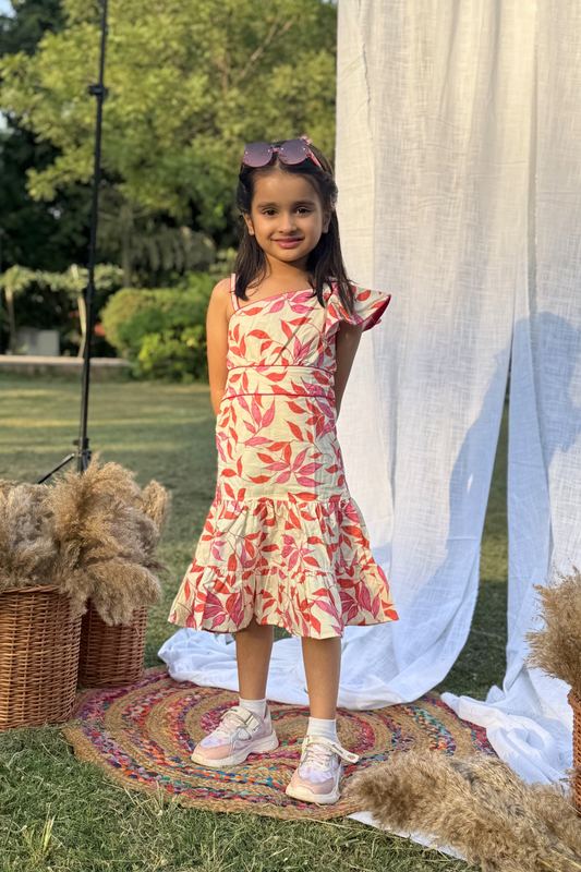 Girls Roohani Cotton Printed Long Dress - Peach