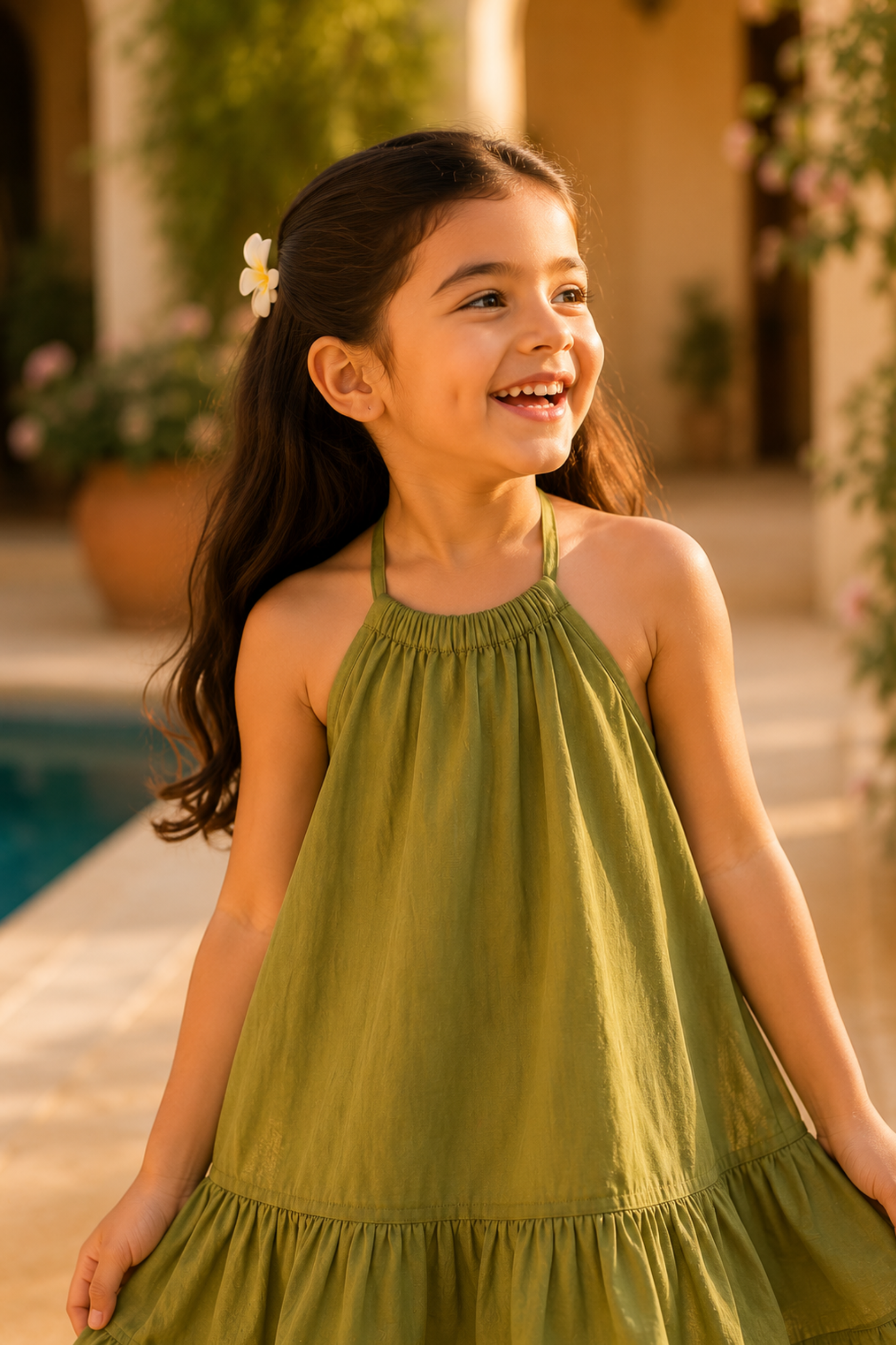 Girls Pure Mulmul halter neck tiered dress - Nature Green