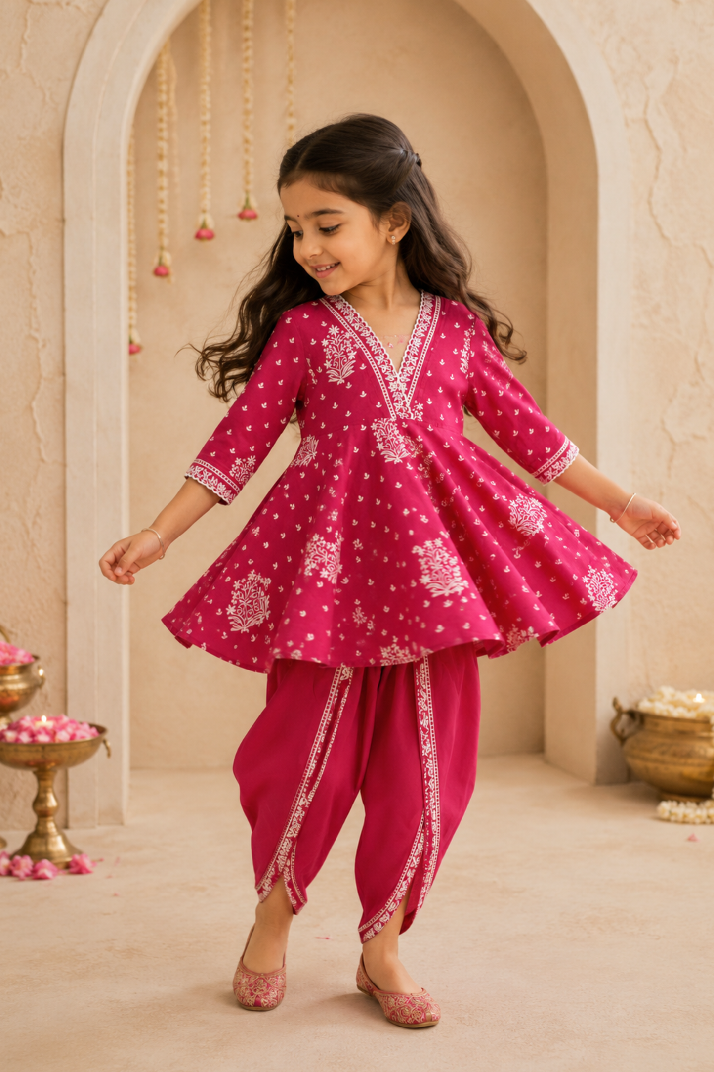 Girls Sakhi top and dhoti pants ethnic clothing set - Pink