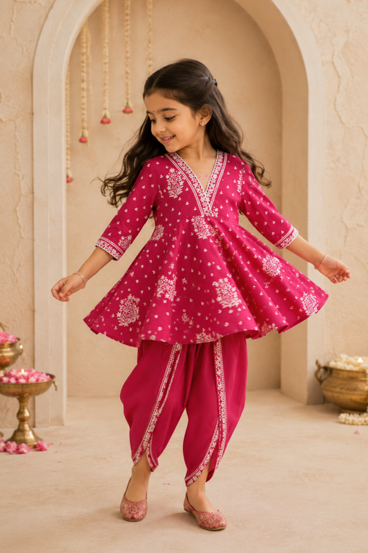 Girls Sakhi top and dhoti pants ethnic clothing set - Pink
