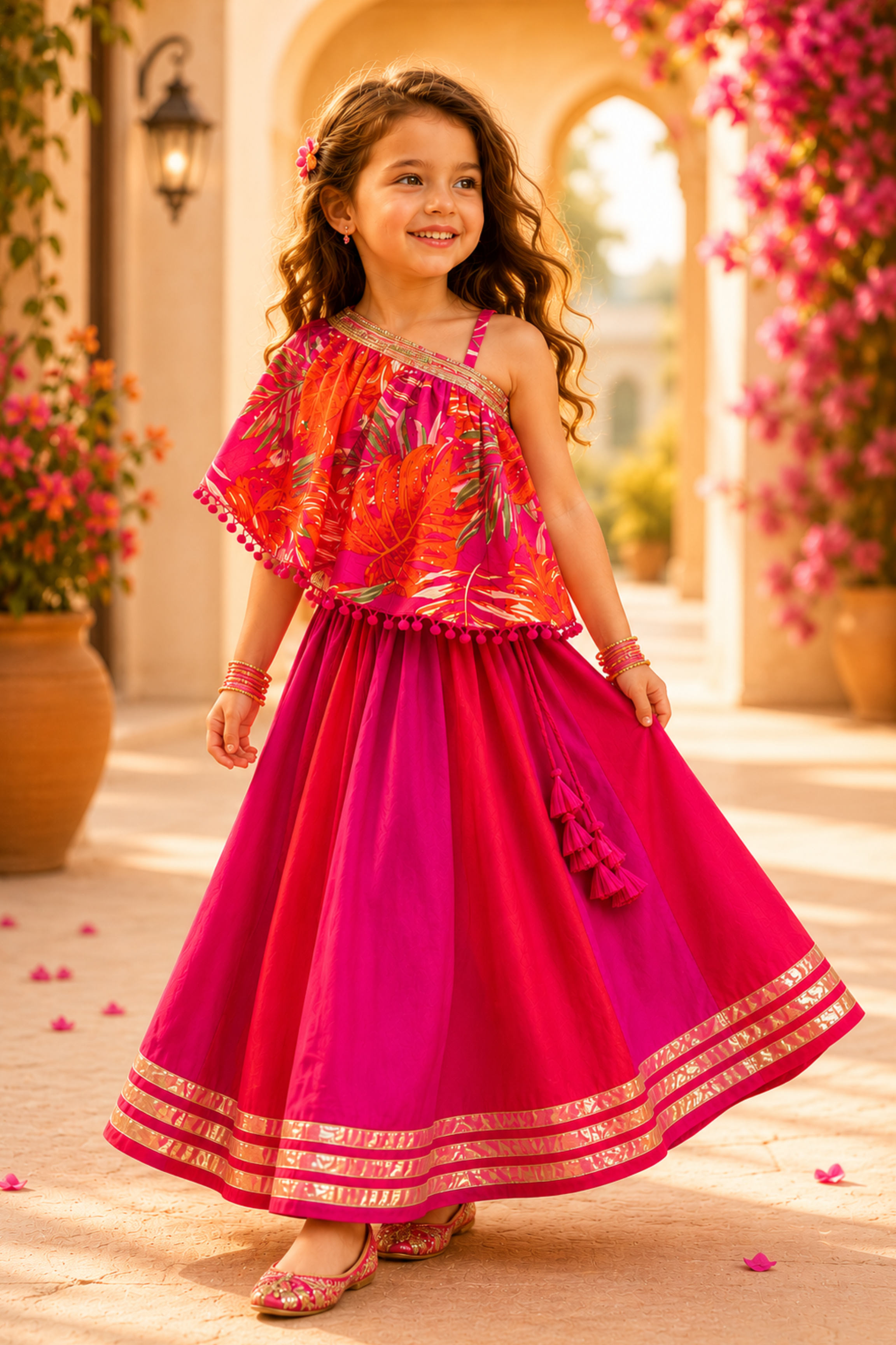 Girls Imarti Pure Cotton Dual Tone Skirt style top with lehenga ethnic set - Red & Pink