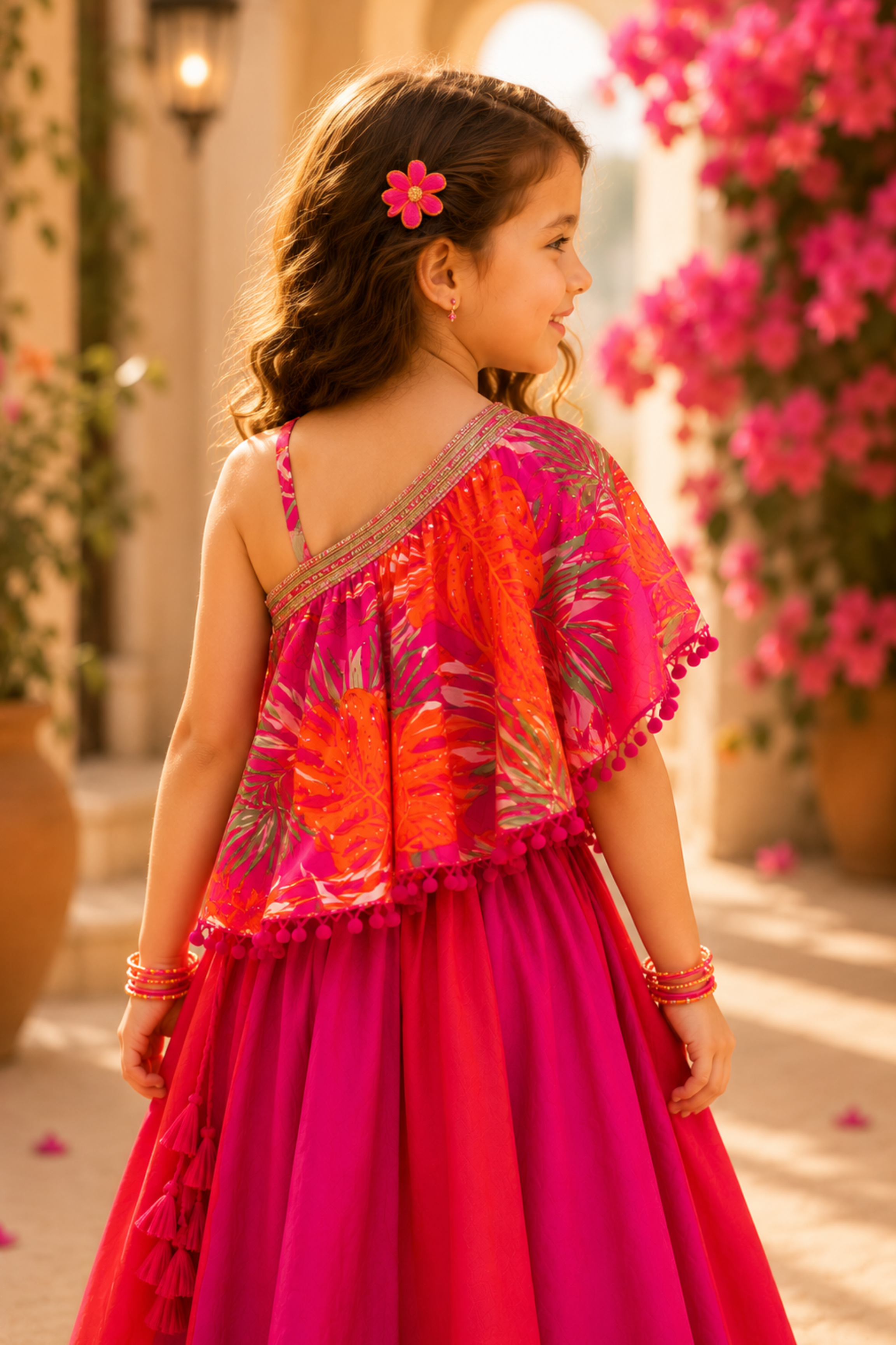Girls Imarti Pure Cotton Dual Tone Skirt style top with lehenga ethnic set - Red & Pink