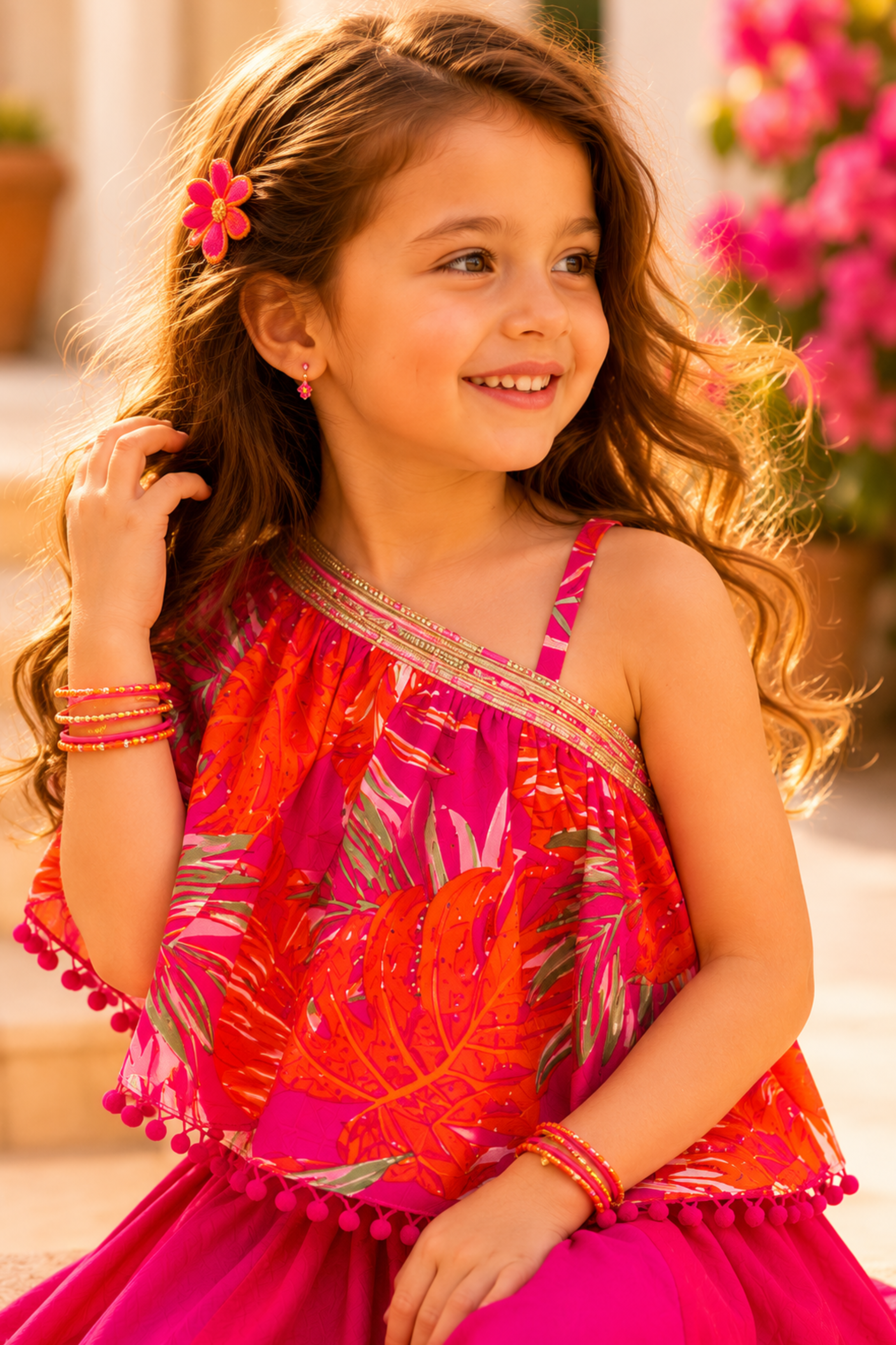 Girls Imarti Pure Cotton Dual Tone Skirt style top with lehenga ethnic set - Red & Pink