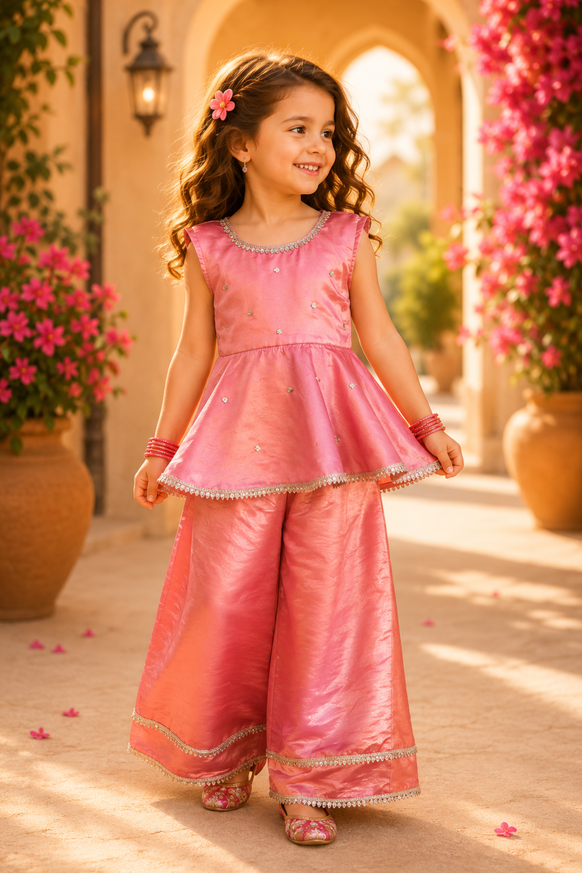 Girls Barsana peplum top and palazzo pant ethnic clothing set - Blush Pink
