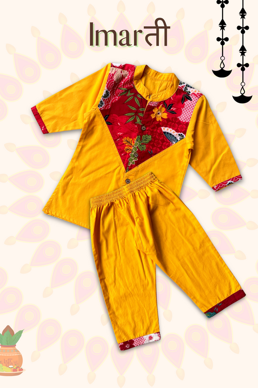 Boys Imarti Color block Kurta and pants set - Yellow