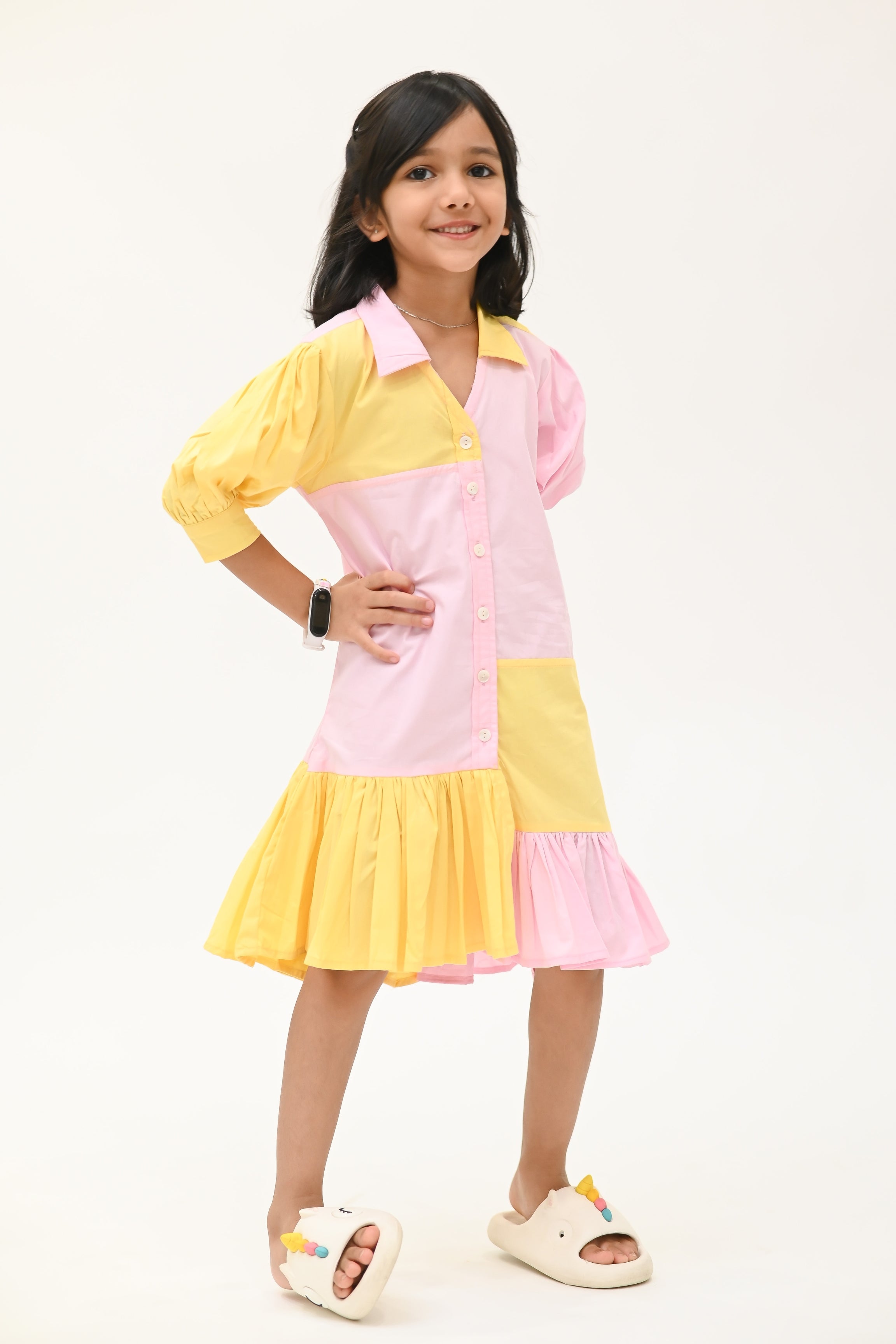 Girls Cassata Pure Cotton Asymmetrical Color Block Dress - Yellow Pink