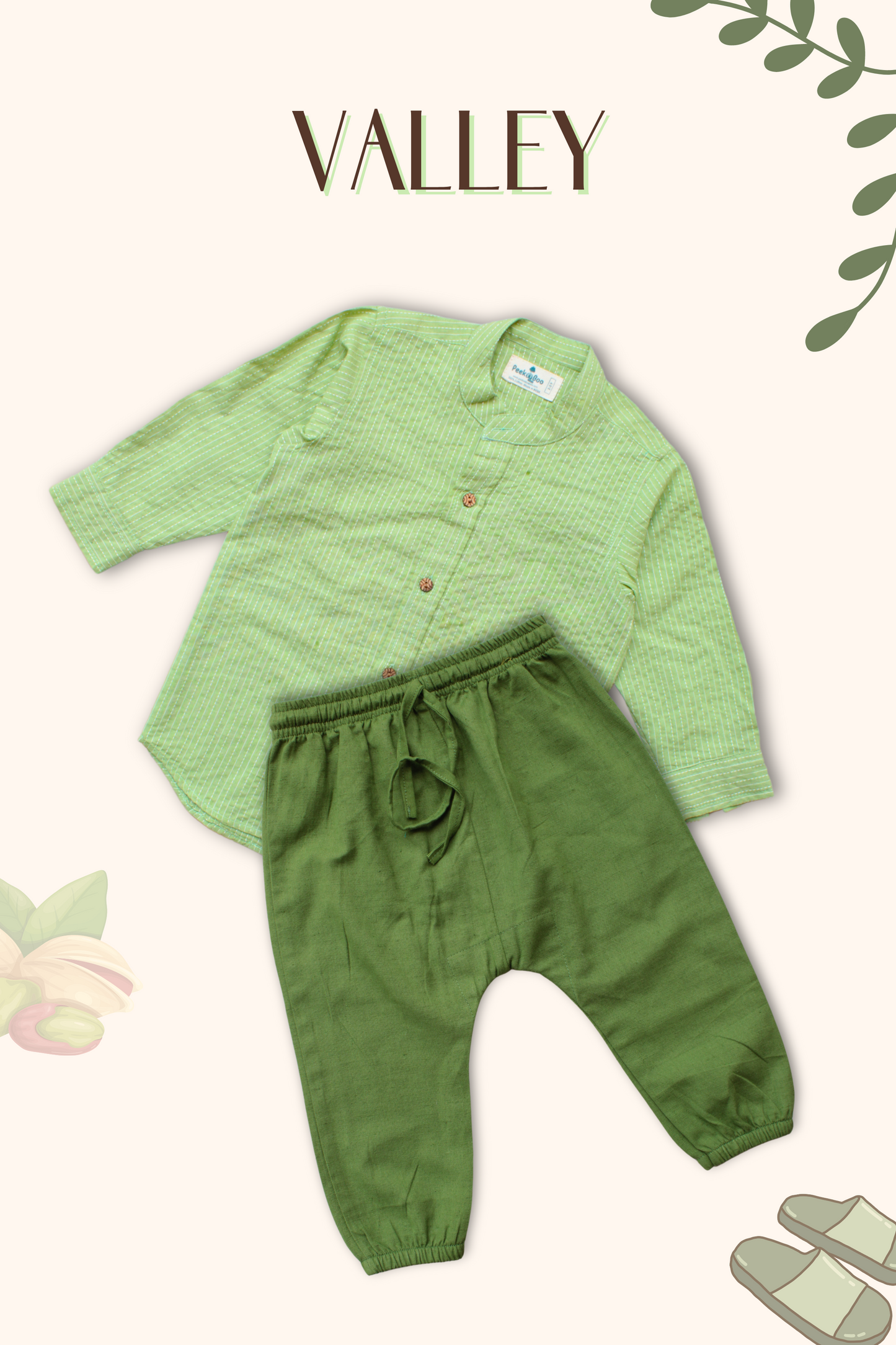 Boys Valley Pure Cotton Shirt With Miyani Pants Set - Green