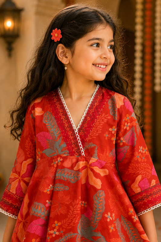 Girls Sakhi top and dhoti pants ethnic clothing set - Red
