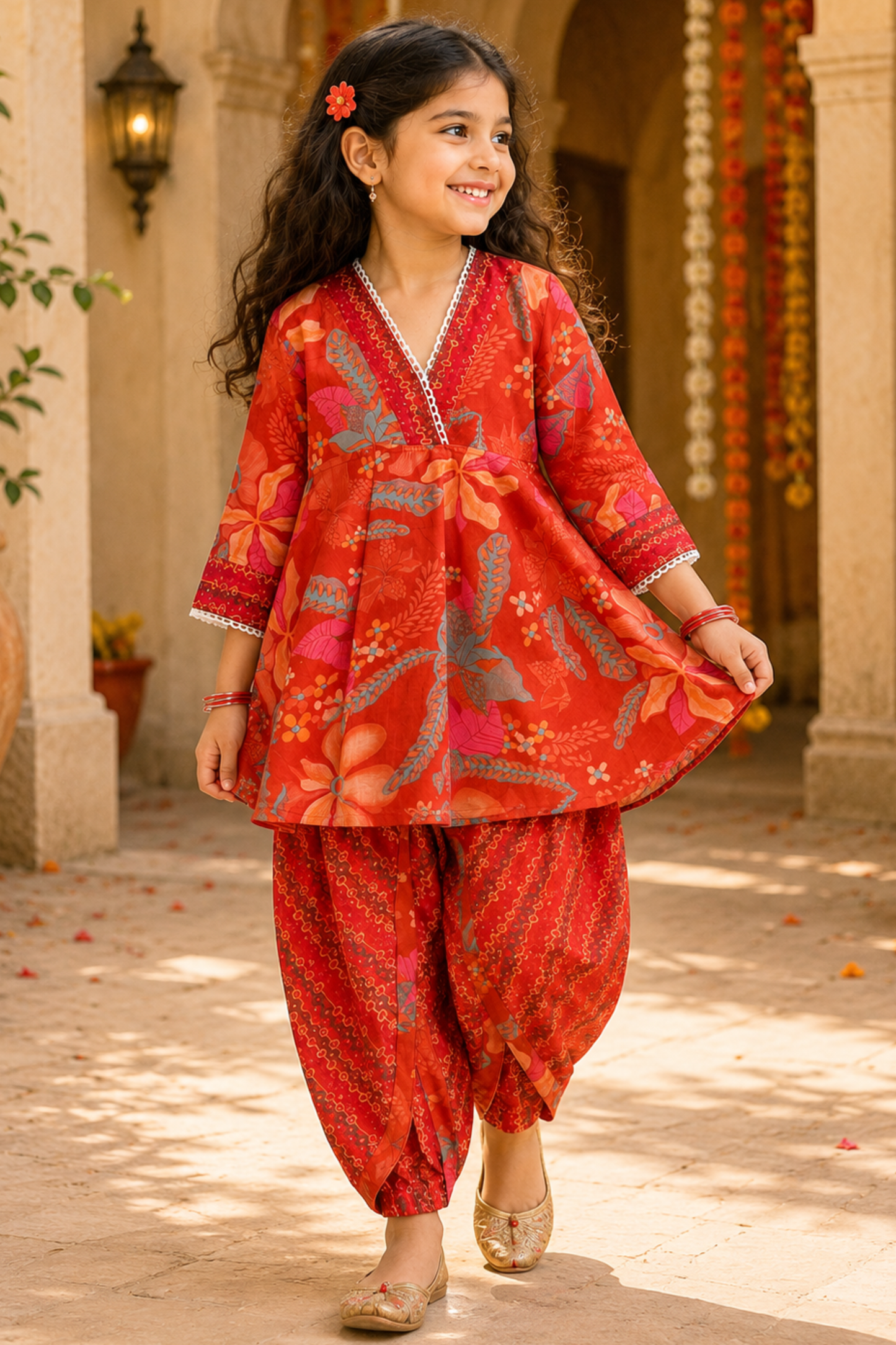 Girls Sakhi top and dhoti pants ethnic clothing set - Red