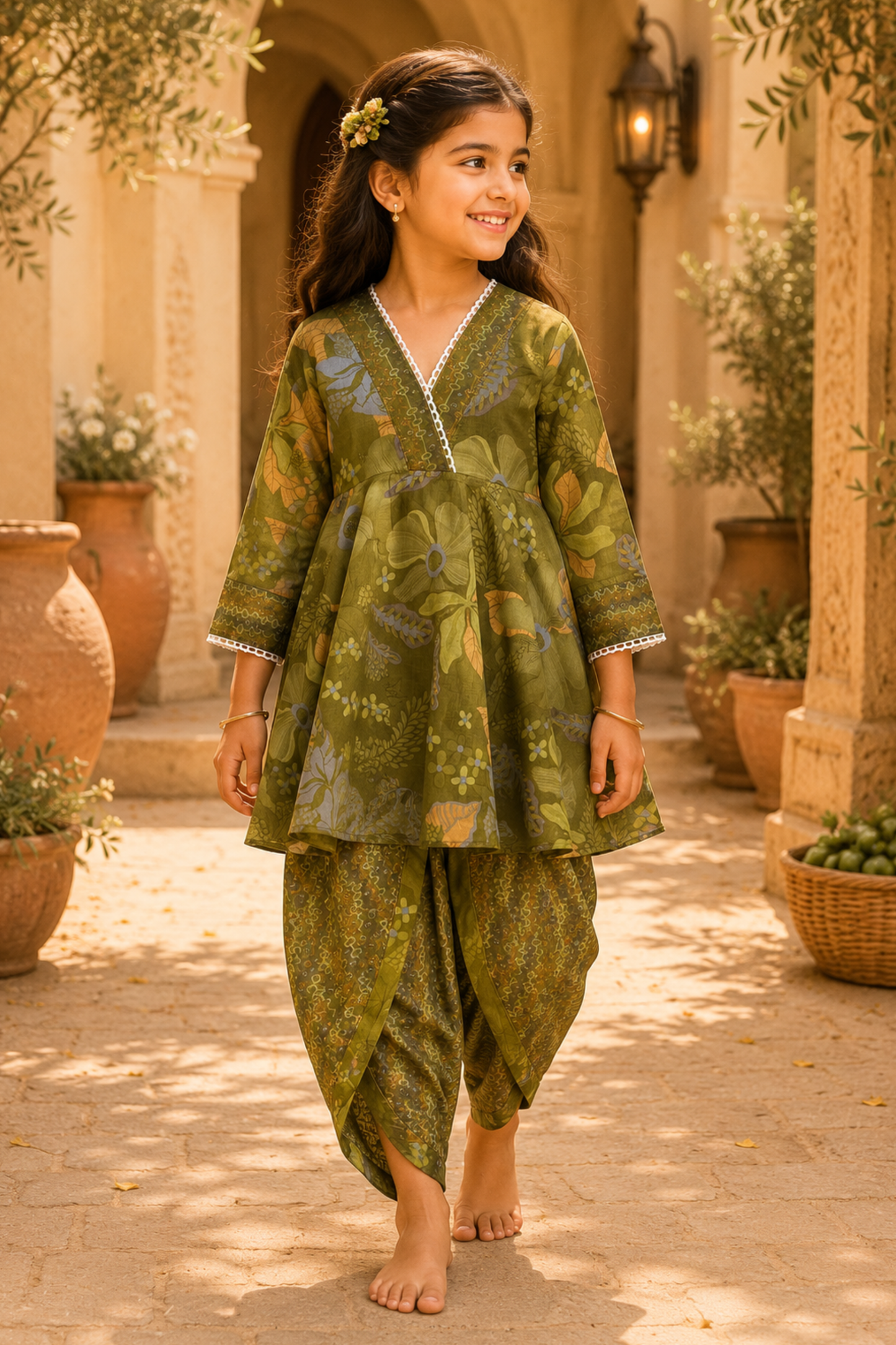 Girls Sakhi top and dhoti pants ethnic clothing set - Green