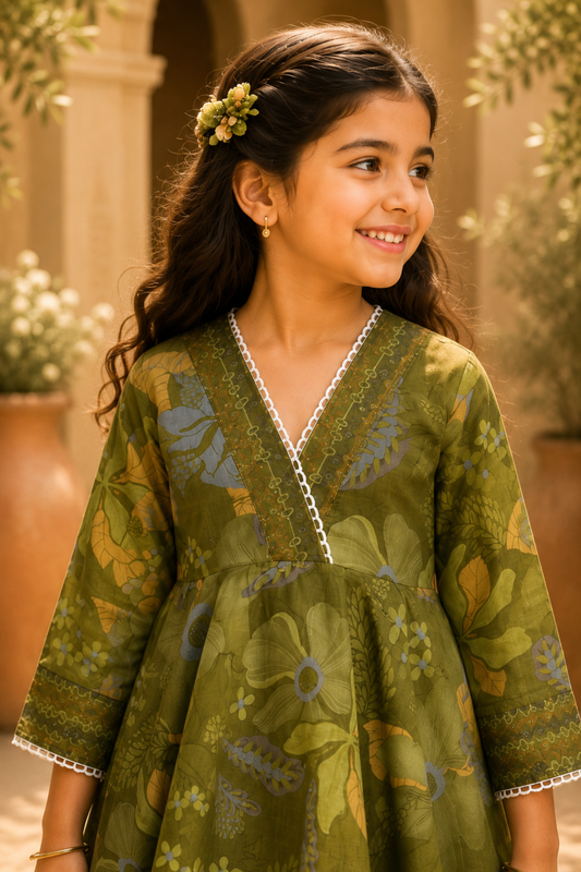 Girls Sakhi top and dhoti pants ethnic clothing set - Green