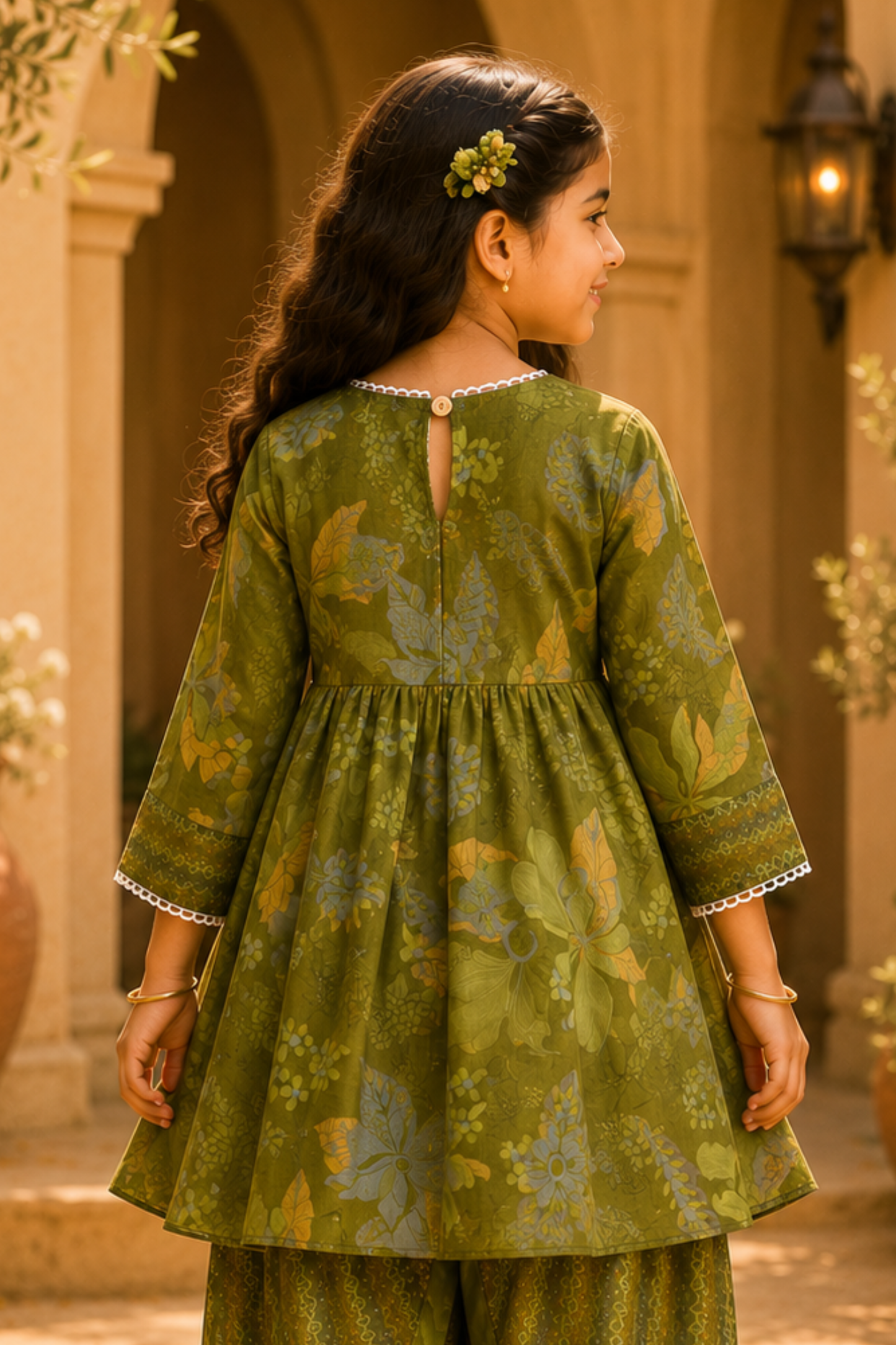 Girls Sakhi top and dhoti pants ethnic clothing set - Green