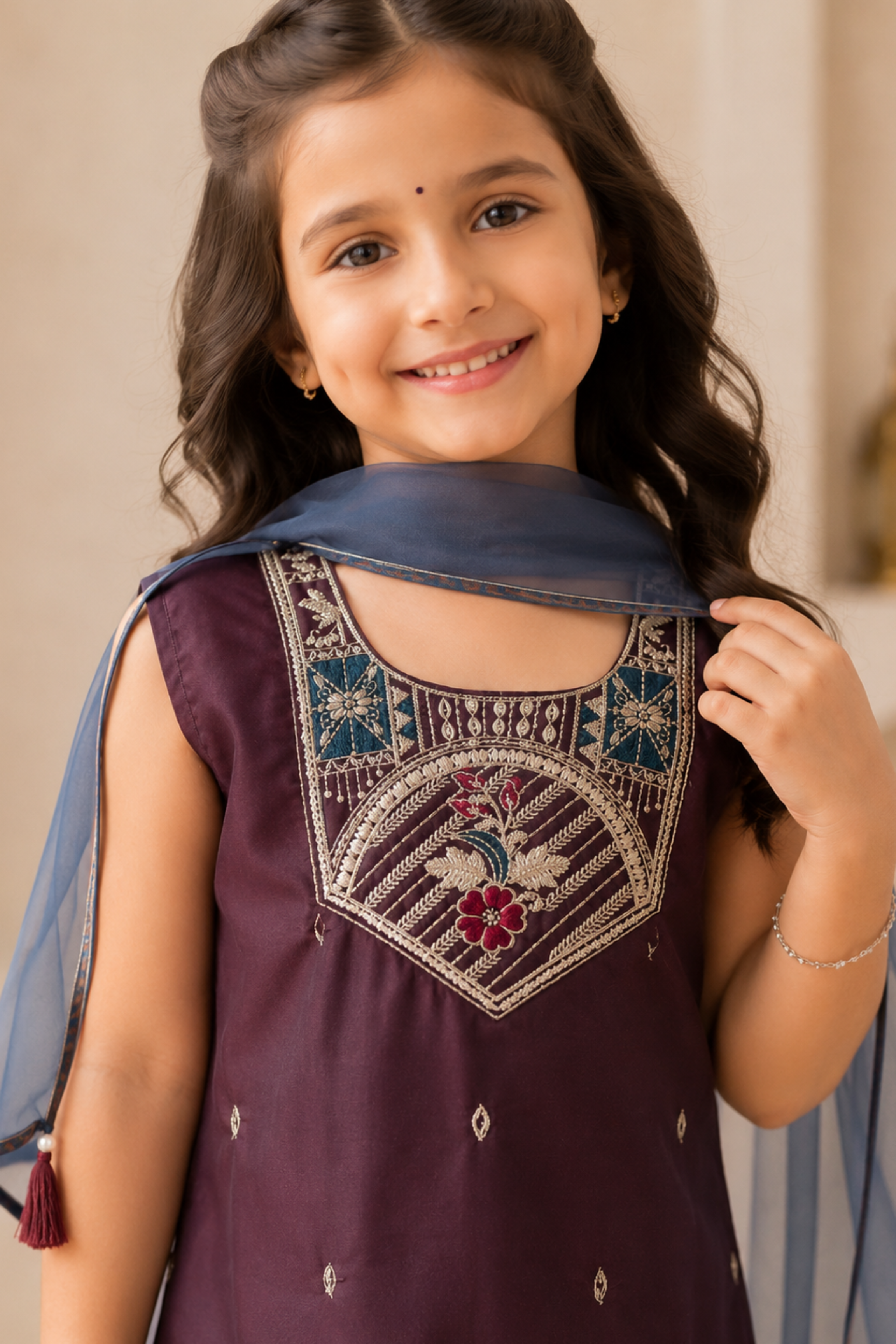 Girls Utsav Kurti and Sharara ethnic set with Dupatta - Wine