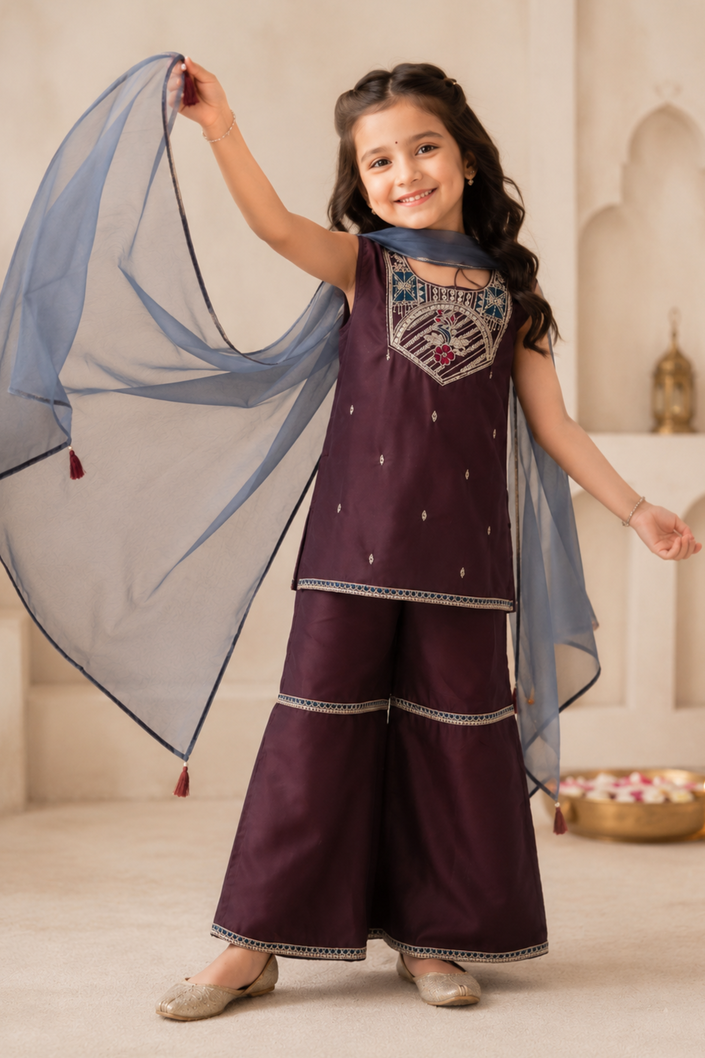 Girls Utsav Kurti and Sharara ethnic set with Dupatta - Wine