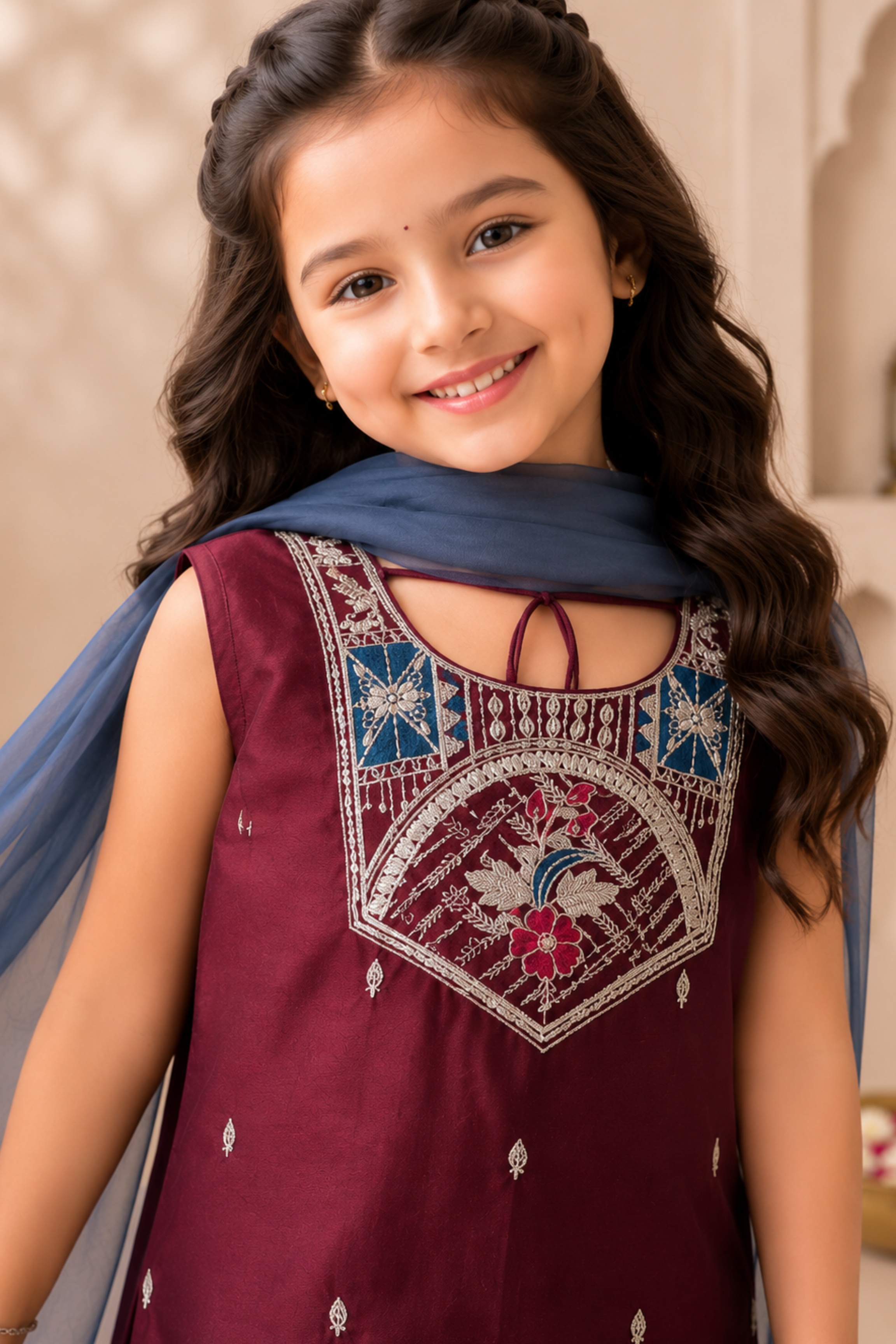 Girls Utsav Kurti and Sharara ethnic set with Dupatta - Maroon