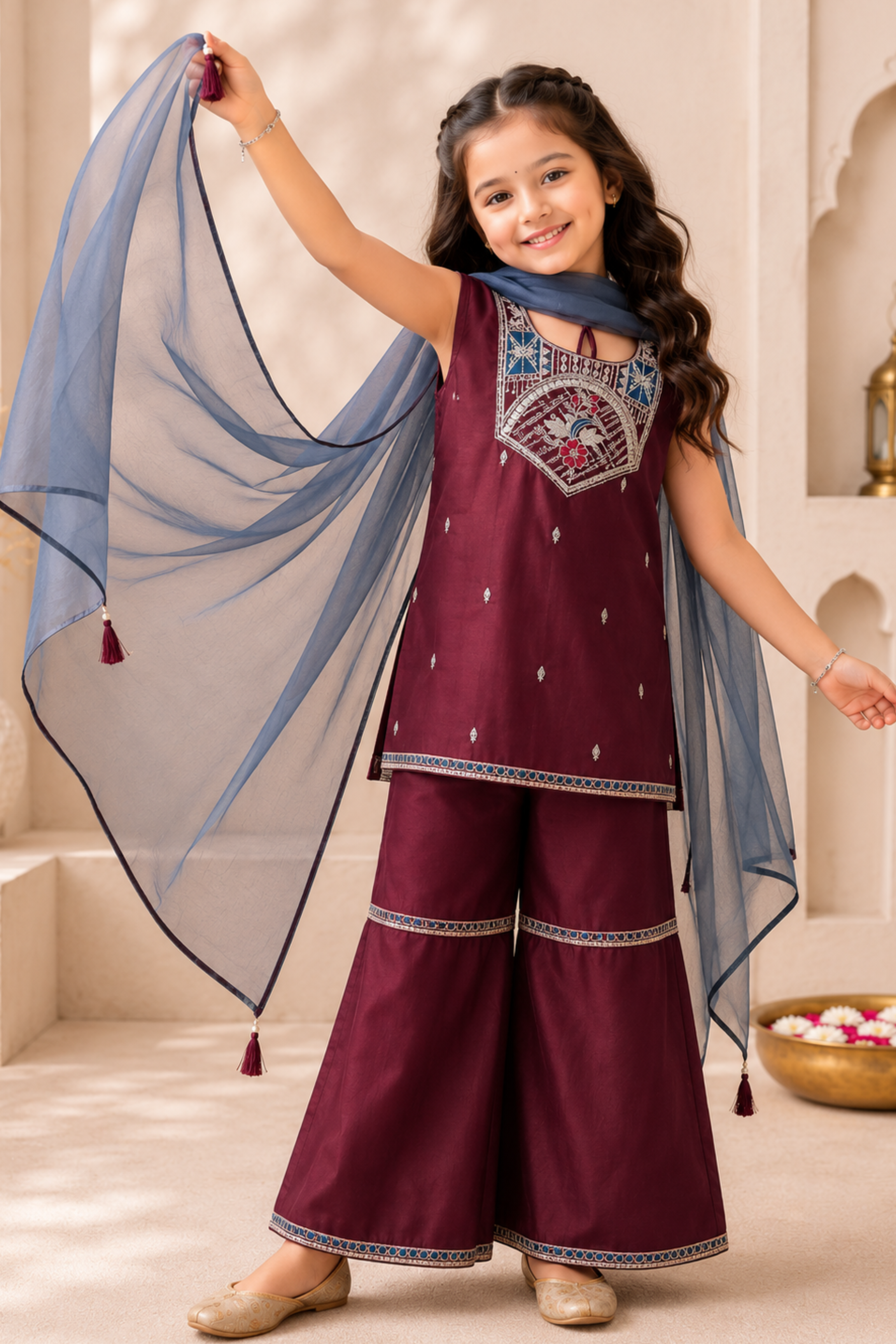 Girls Utsav Kurti and Sharara ethnic set with Dupatta - Maroon