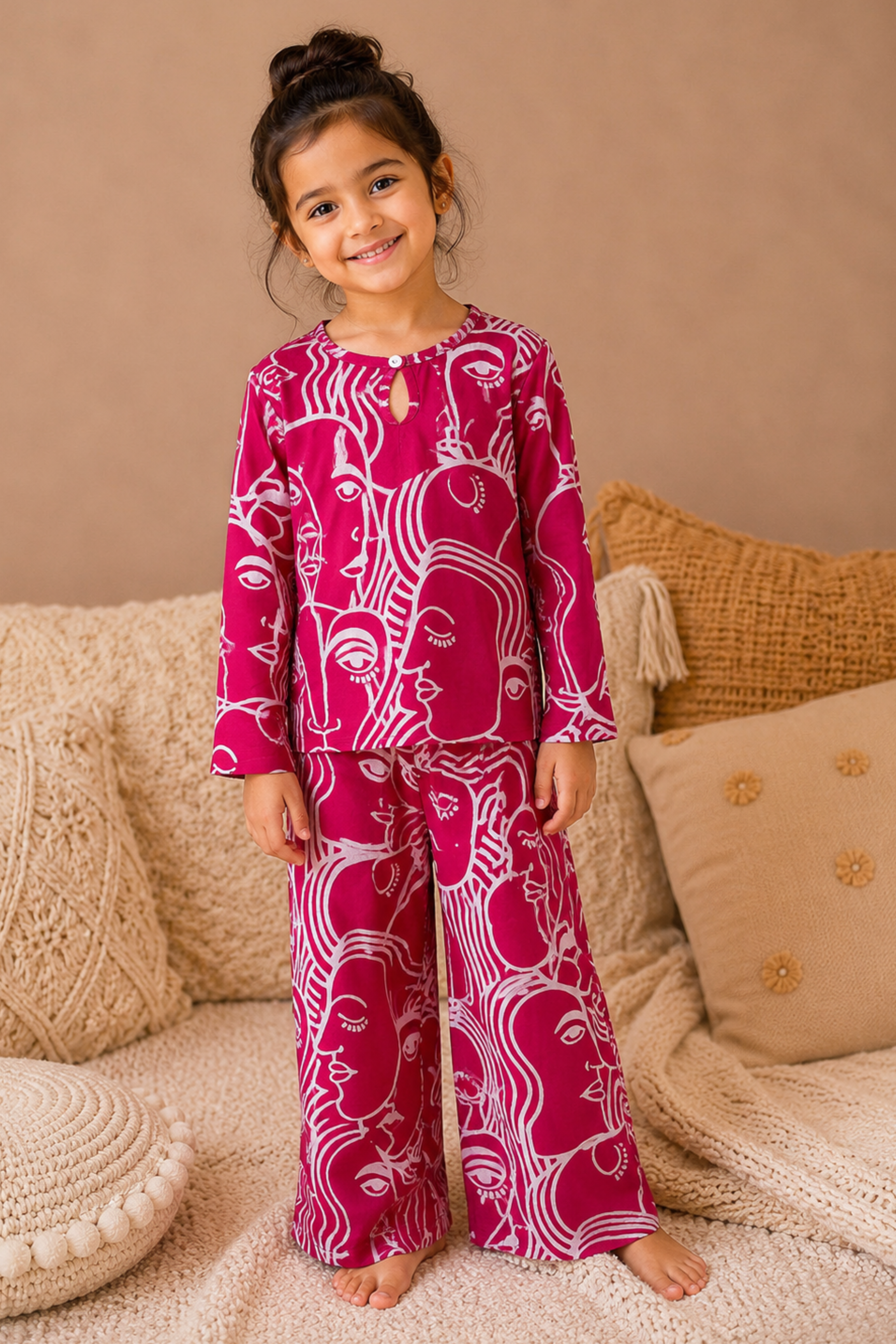 Girls Pure Soft Cotton Printed Night Suit - Magenta