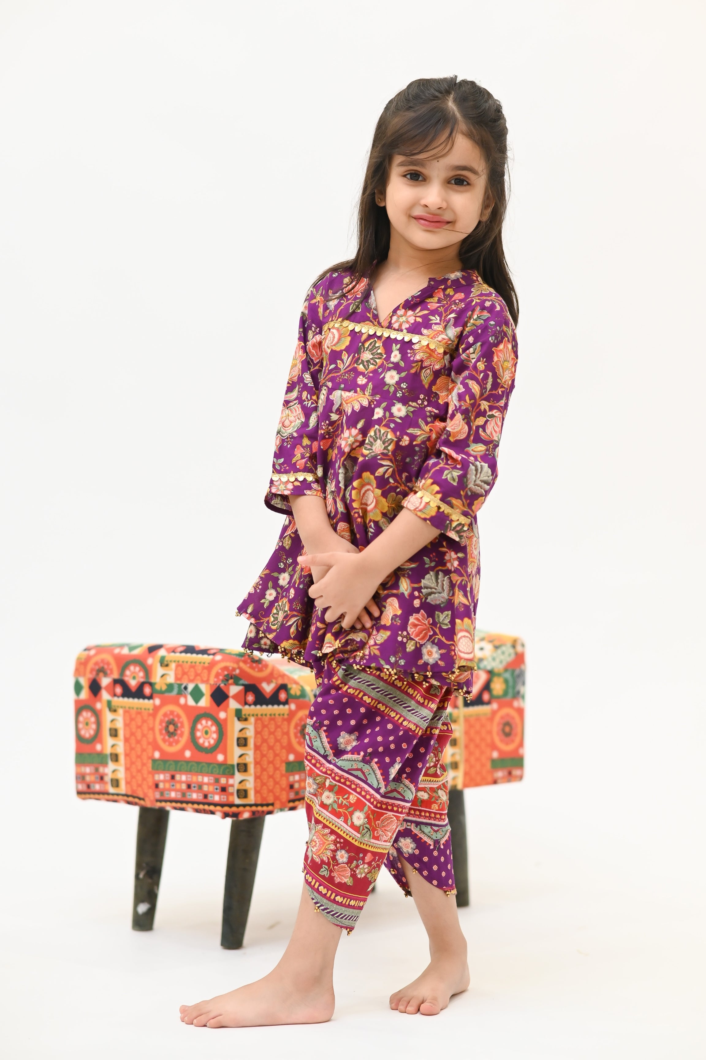 Girls Kesari Pure Cotton Ethnic Clothing Set - Purple