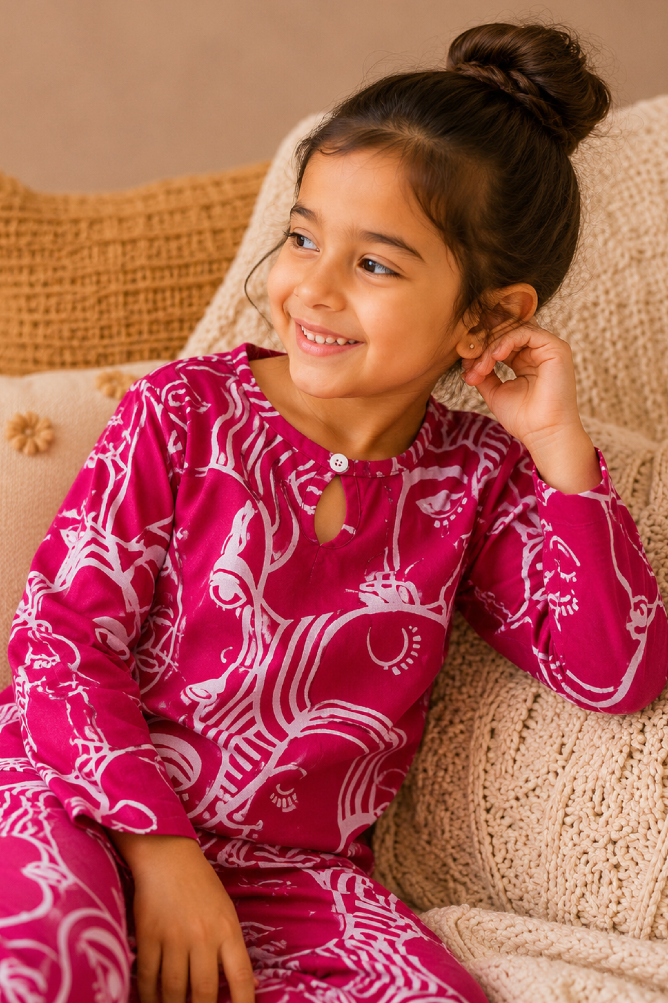 Girls Pure Soft Cotton Printed Night Suit - Magenta