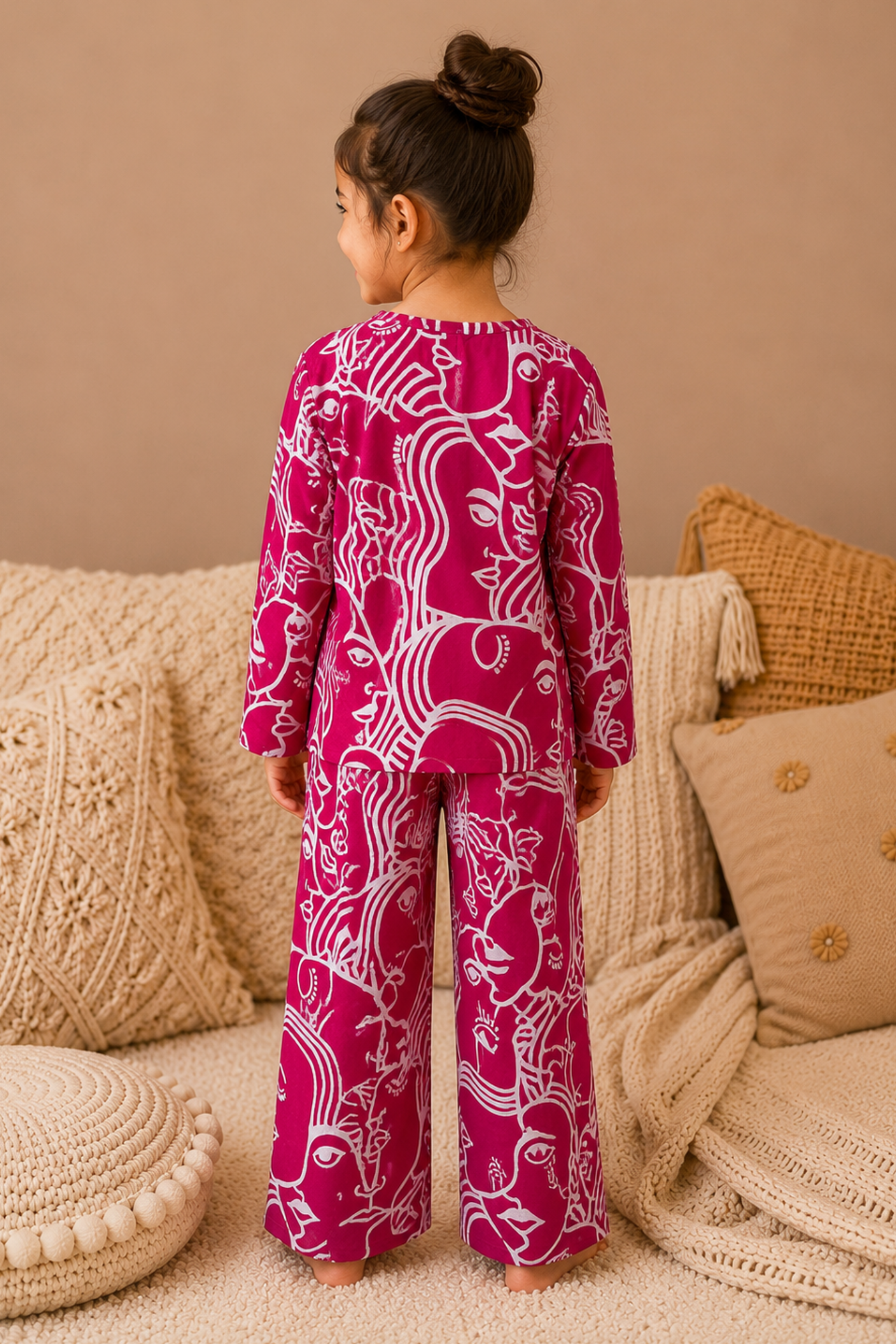 Girls Pure Soft Cotton Printed Night Suit - Magenta