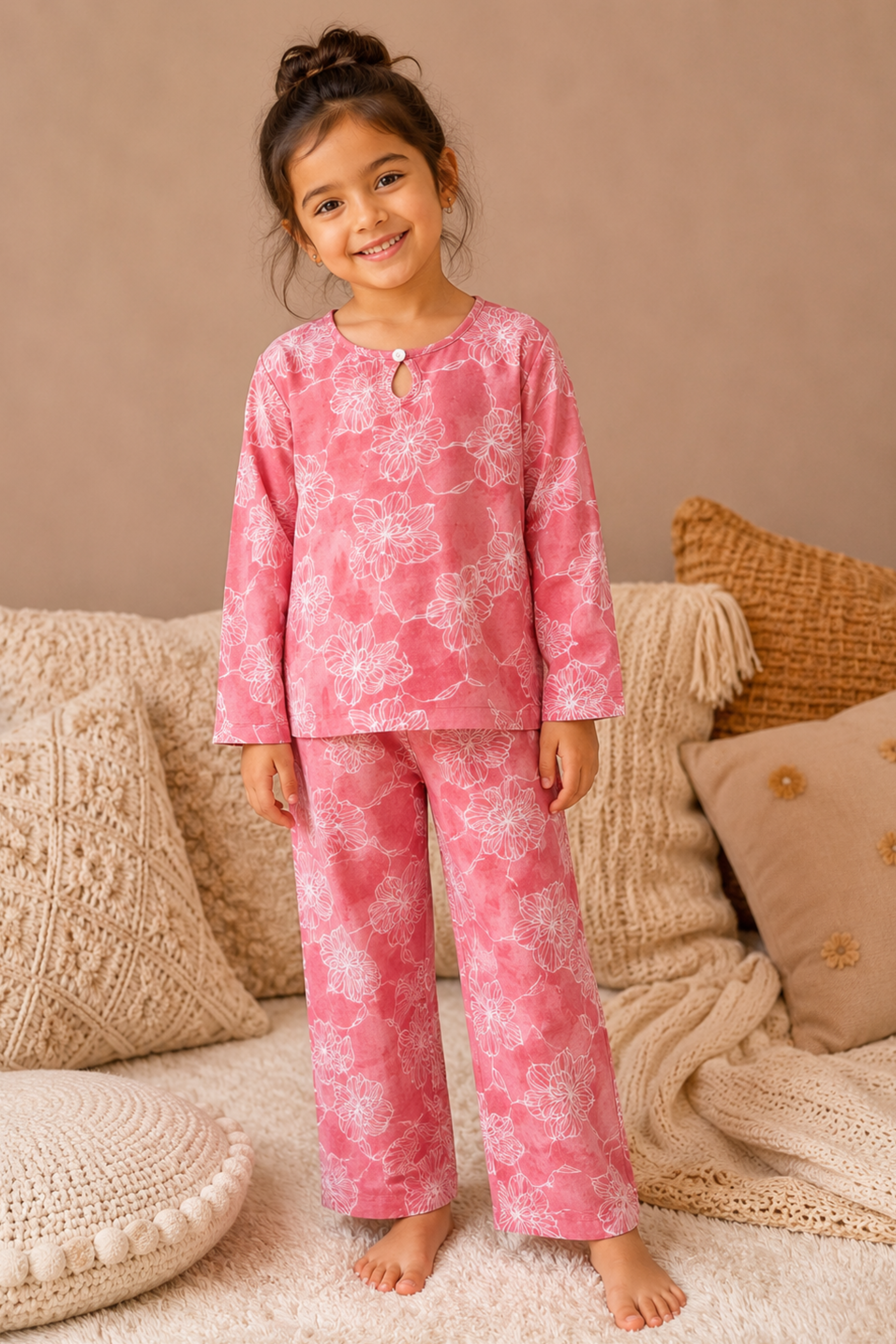 Girls Pure Soft Cotton Printed Night Suit - Pink