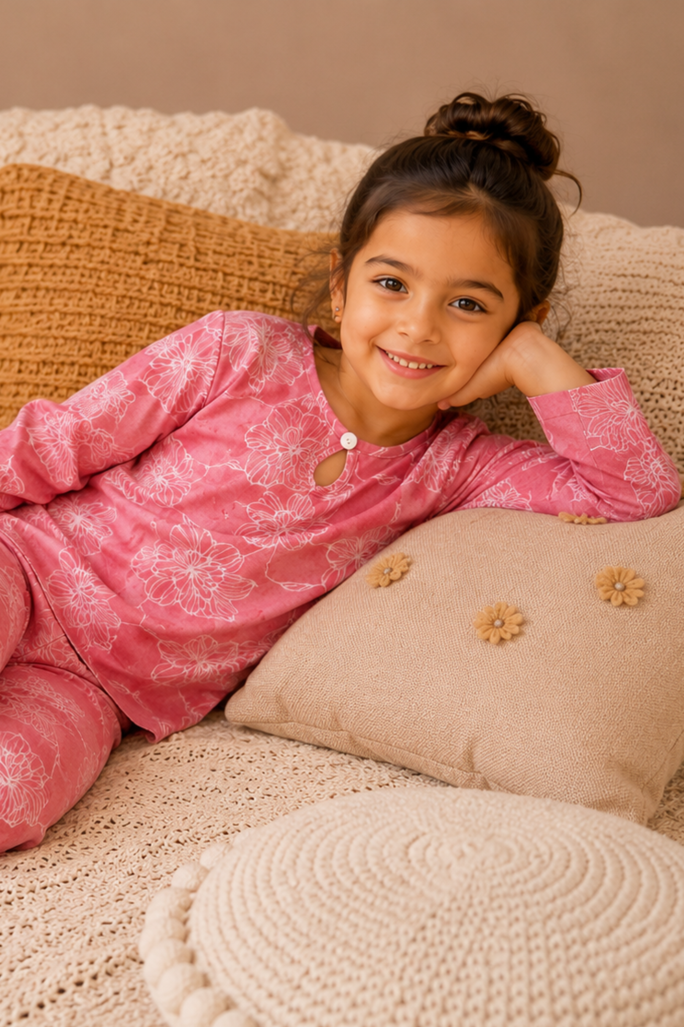 Girls Pure Soft Cotton Printed Night Suit - Pink