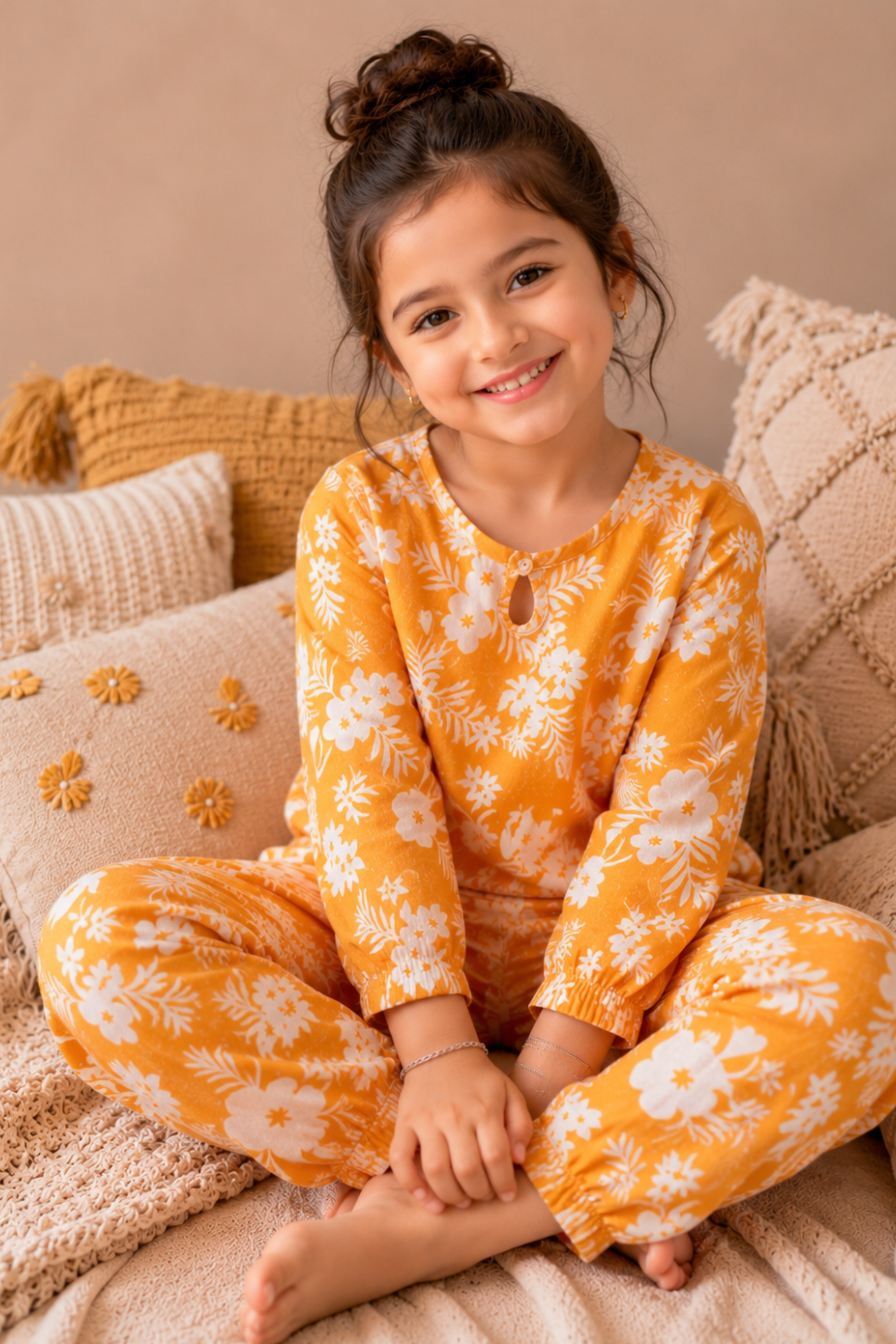 Girls Pure Soft Cotton Printed Night Suit - Yellow