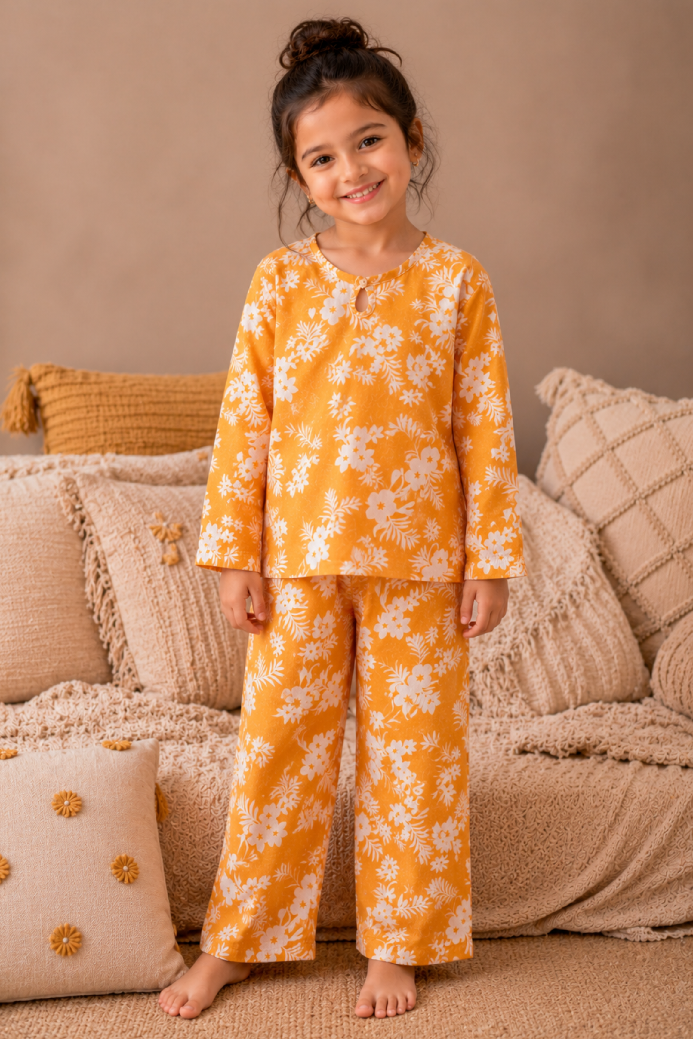 Girls Pure Soft Cotton Printed Night Suit - Yellow