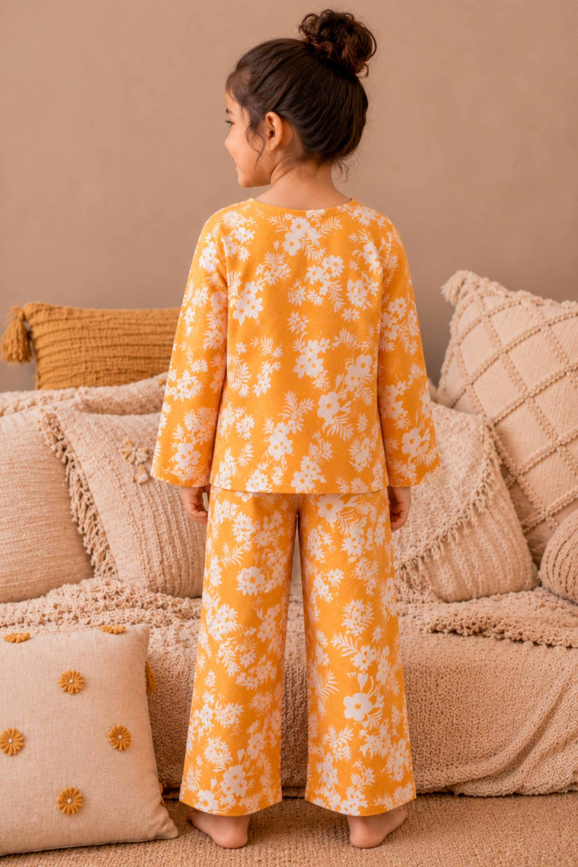 Girls Pure Soft Cotton Printed Night Suit - Yellow