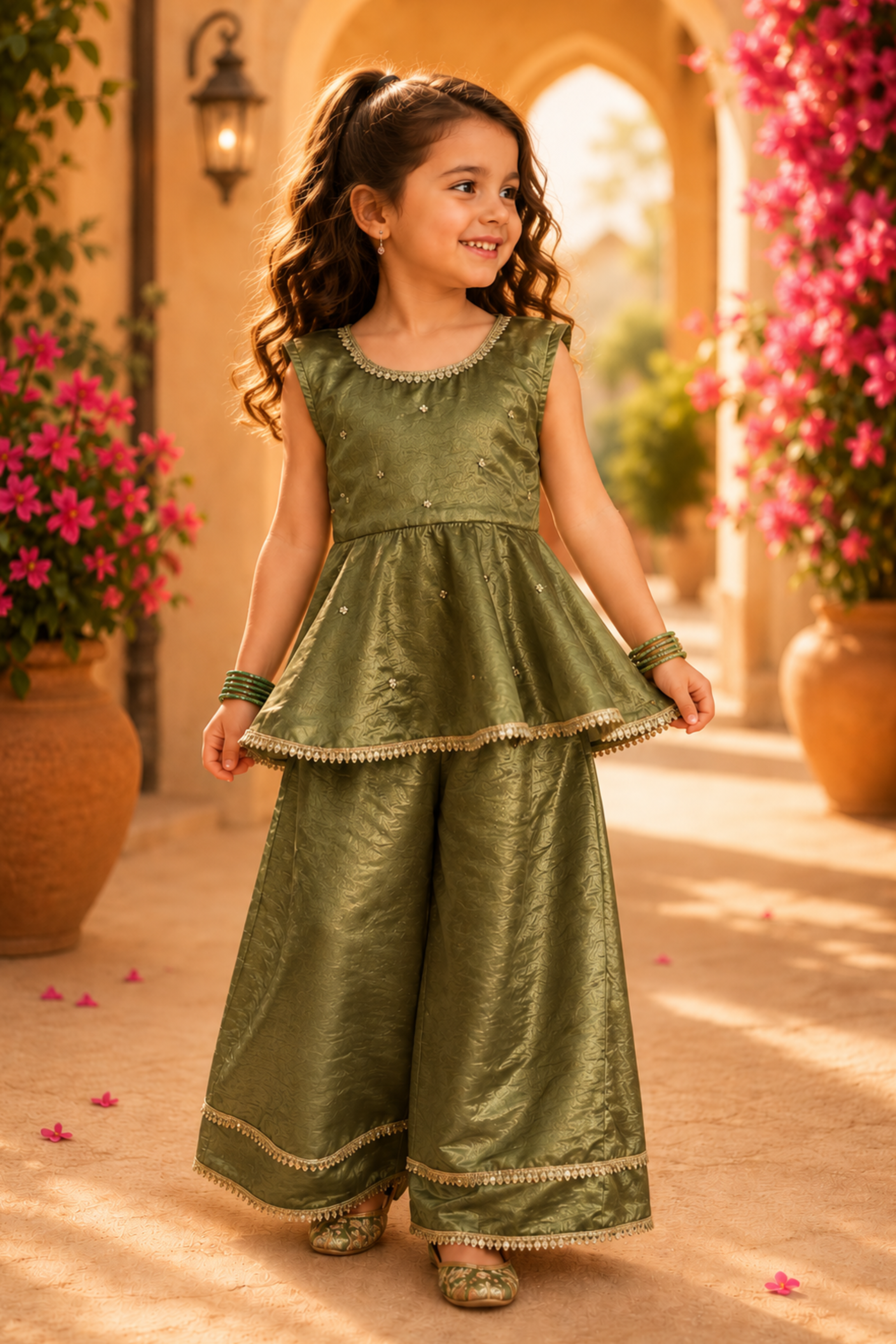 Girls Barsana peplum top and palazzo pant ethnic clothing set - Green