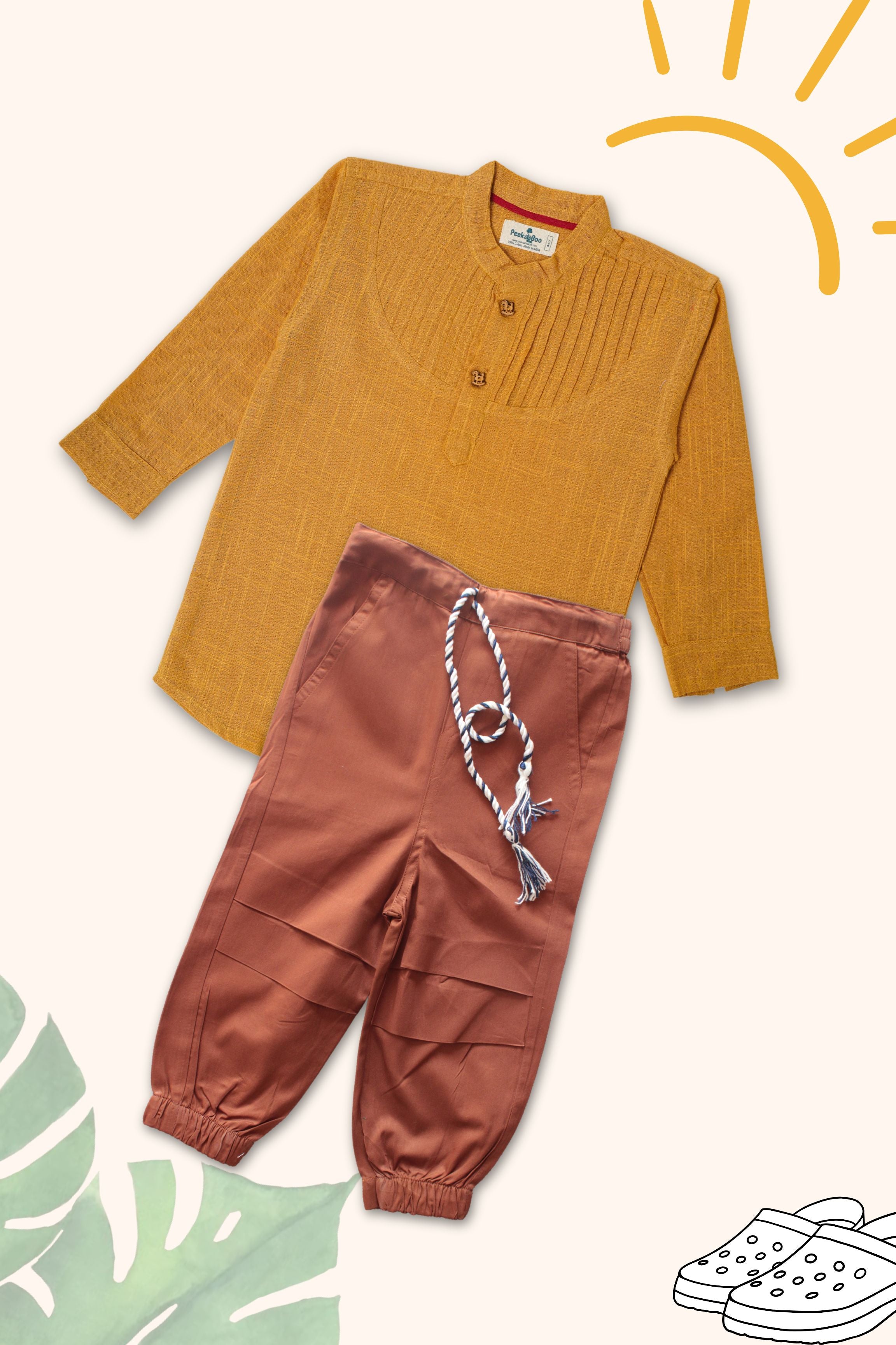 Boys Pure Cotton Clothing Set - Pintuck Shirts & Brown Cargo Pant