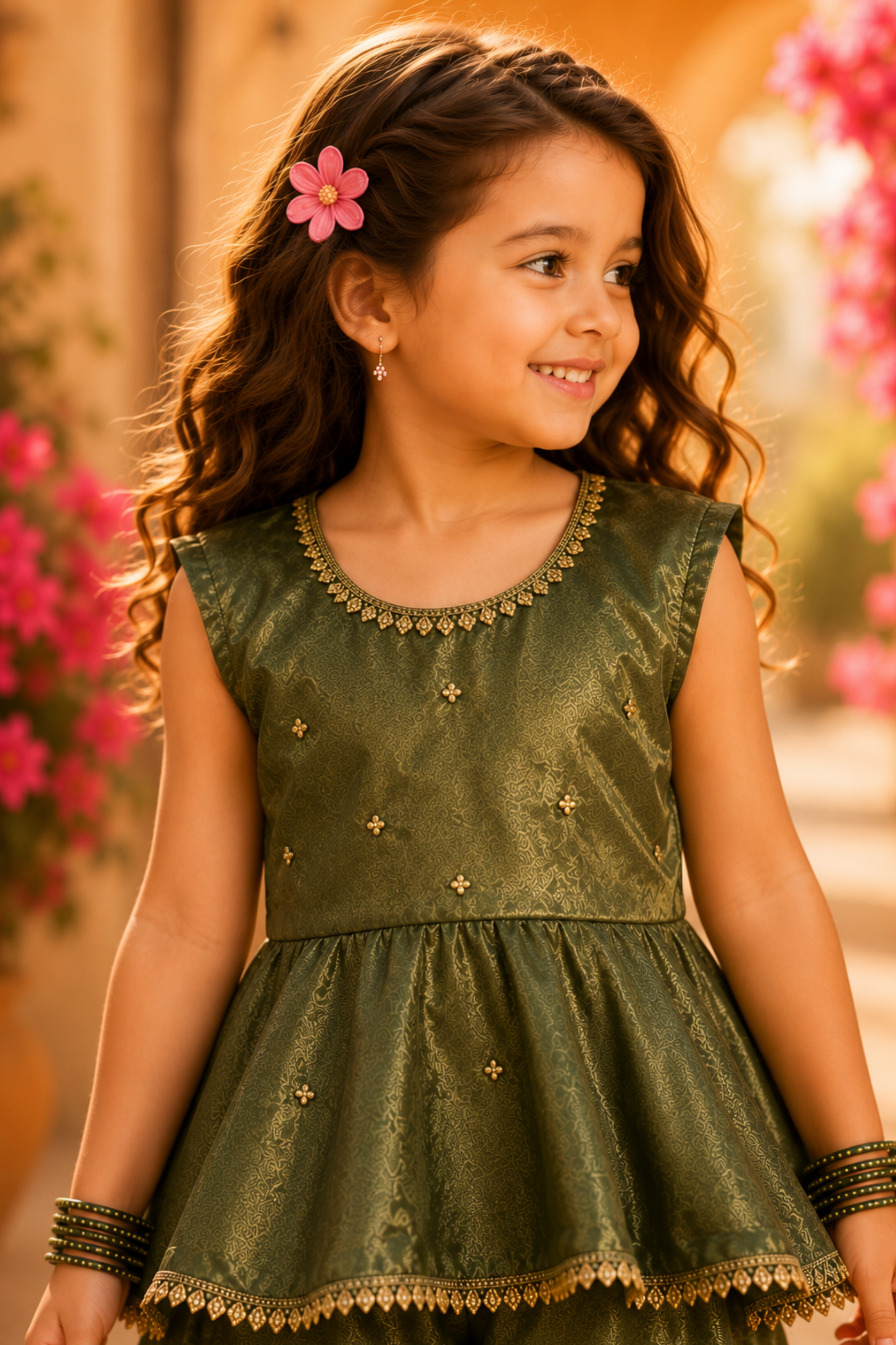 Girls Barsana peplum top and palazzo pant ethnic clothing set - Green