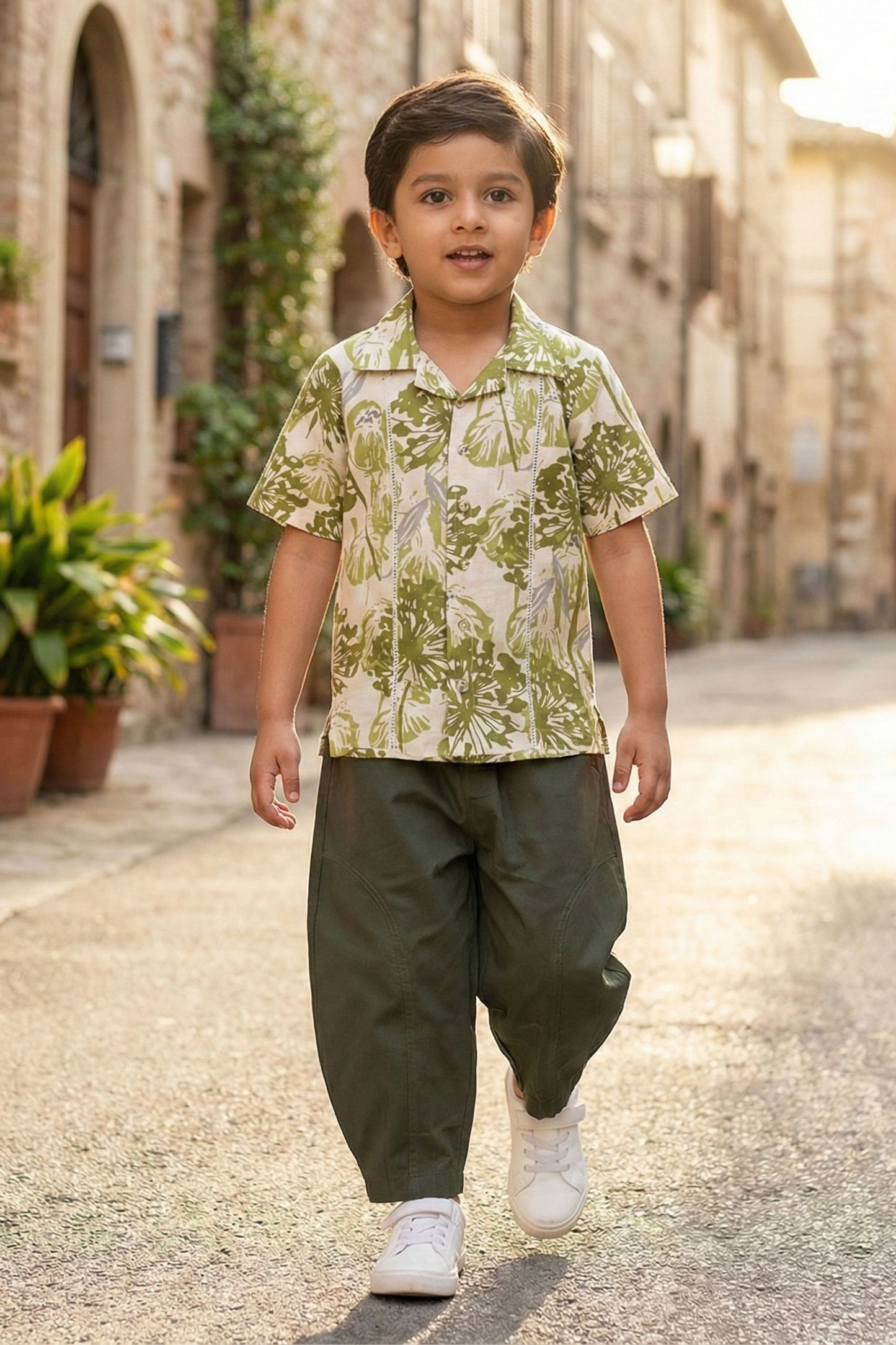 Boys Island Printed Shirt with loose fit pants - Green