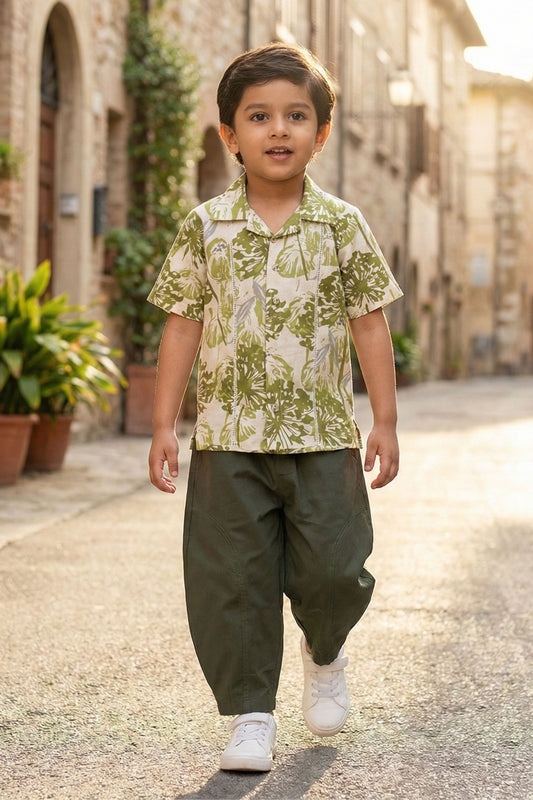 Boys Island Printed Shirt with loose fit pants - Green