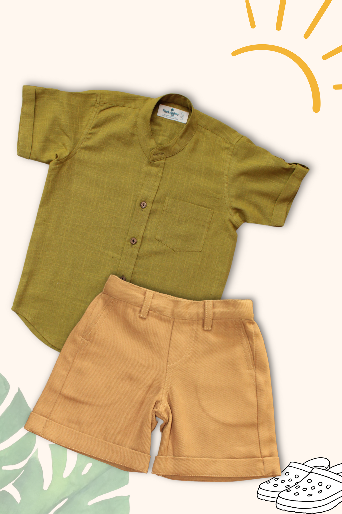 Boys Pure Cotton Clothing Set - Green Half Sleeve Shirt & Shorts