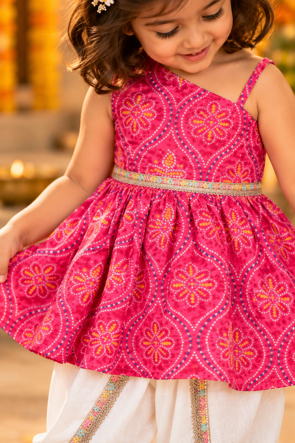 Girls Saavan Pure Cotton Ethnic Clothing set - Pink Bandhej