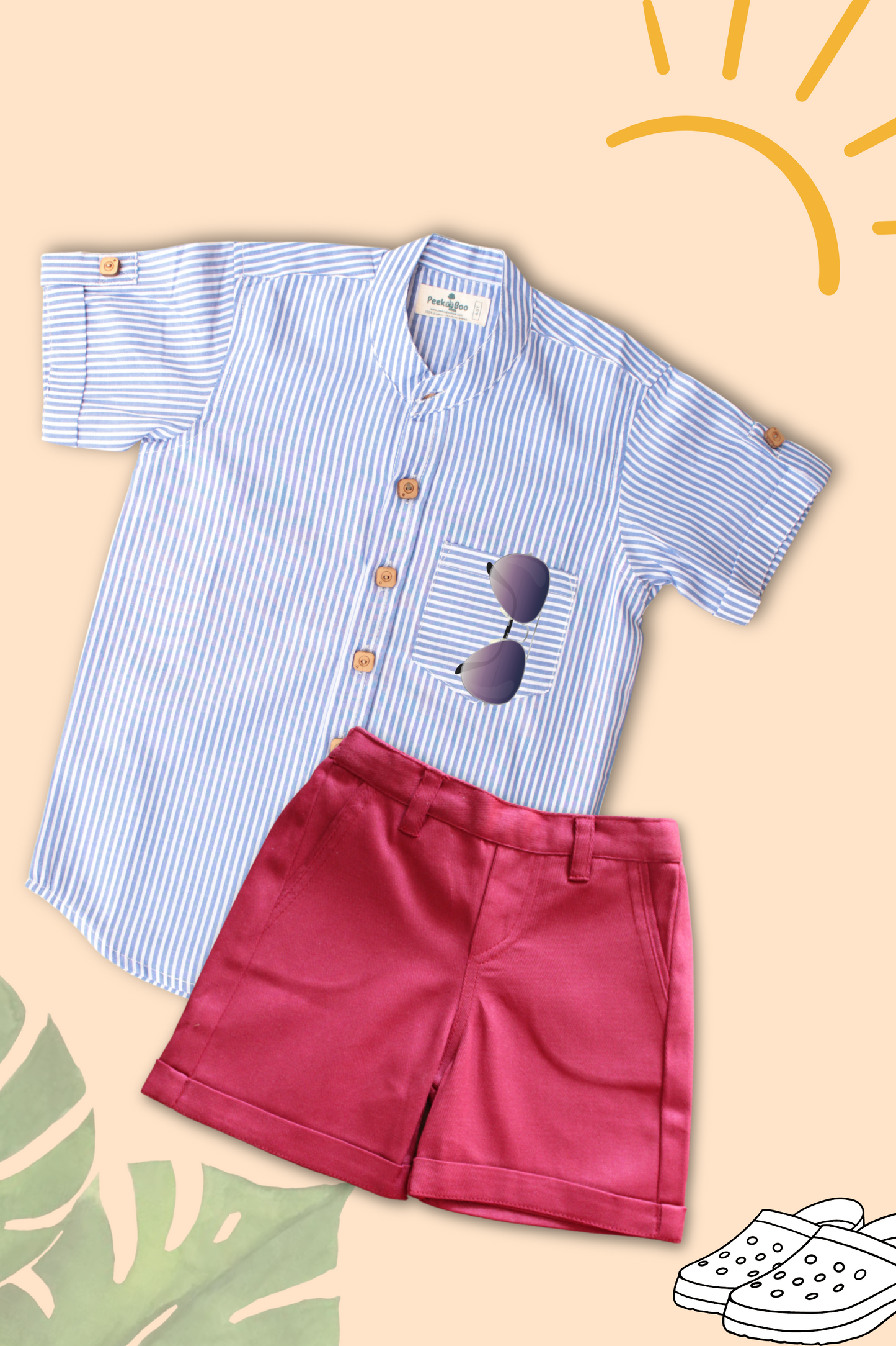 Boys Pure Cotton Clothing Set - Blue Striped Half Sleeve Shirt & Shorts