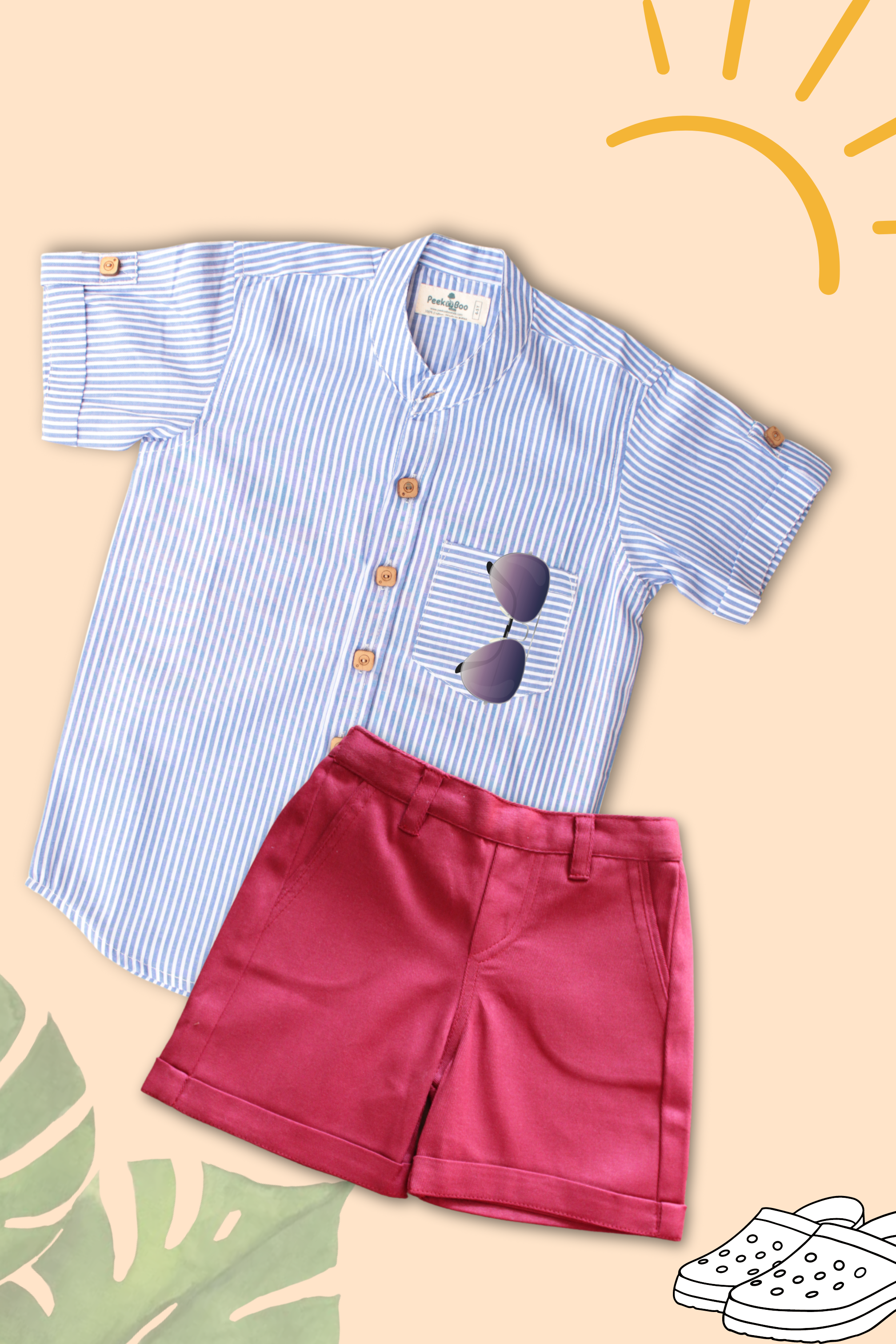 Boys Pure Cotton Clothing Set - Blue Striped Half Sleeve Shirt & Shorts