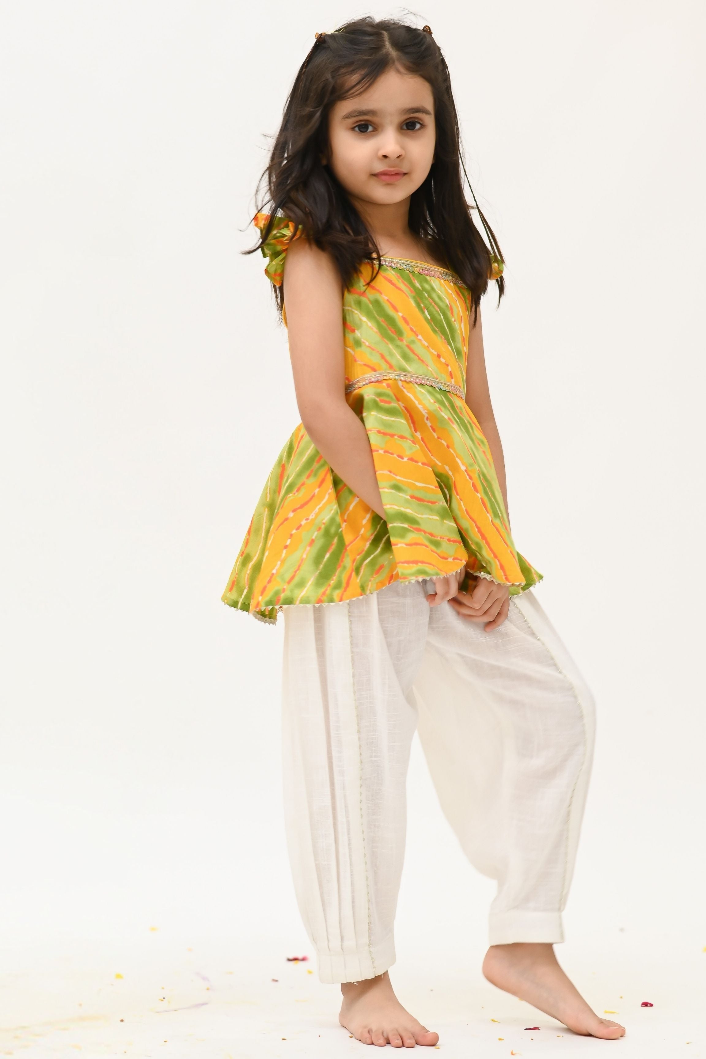 Girls Saavan 2.0 Pure Cotton Kurti Salwar & Dupatta Ethnic Clothing set - Green Leheriya