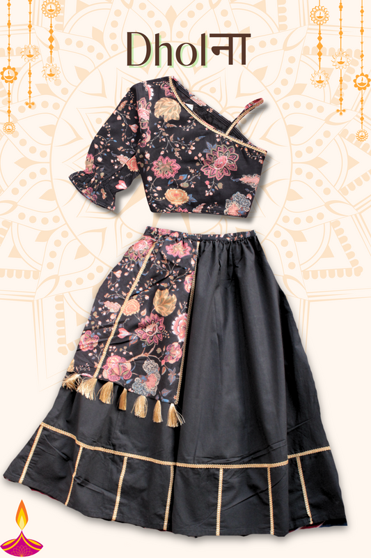 Girls Dholna Pure Cotton Chaniya Choli Ethnic Clothing set - Black