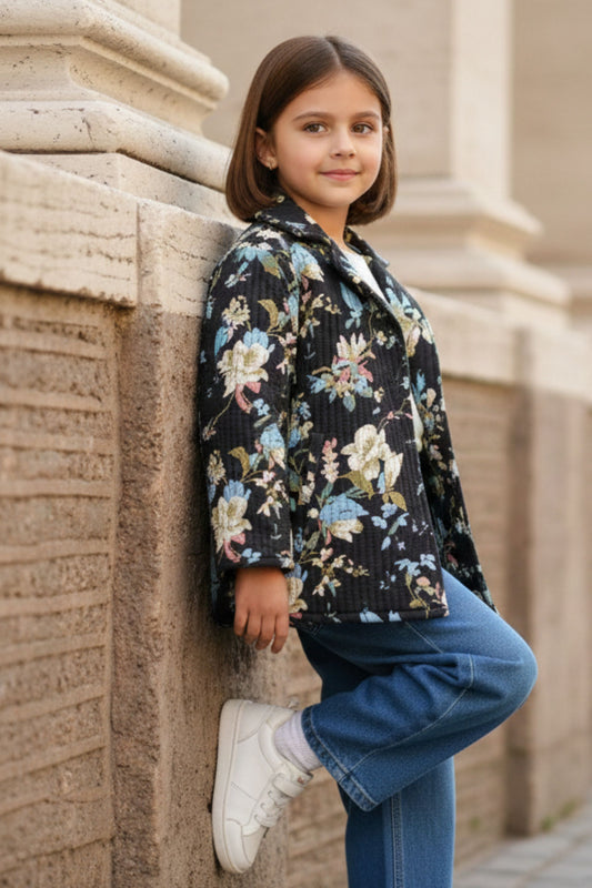 Girls Pure Cotton Printed Quilted Warm Jacket - Black