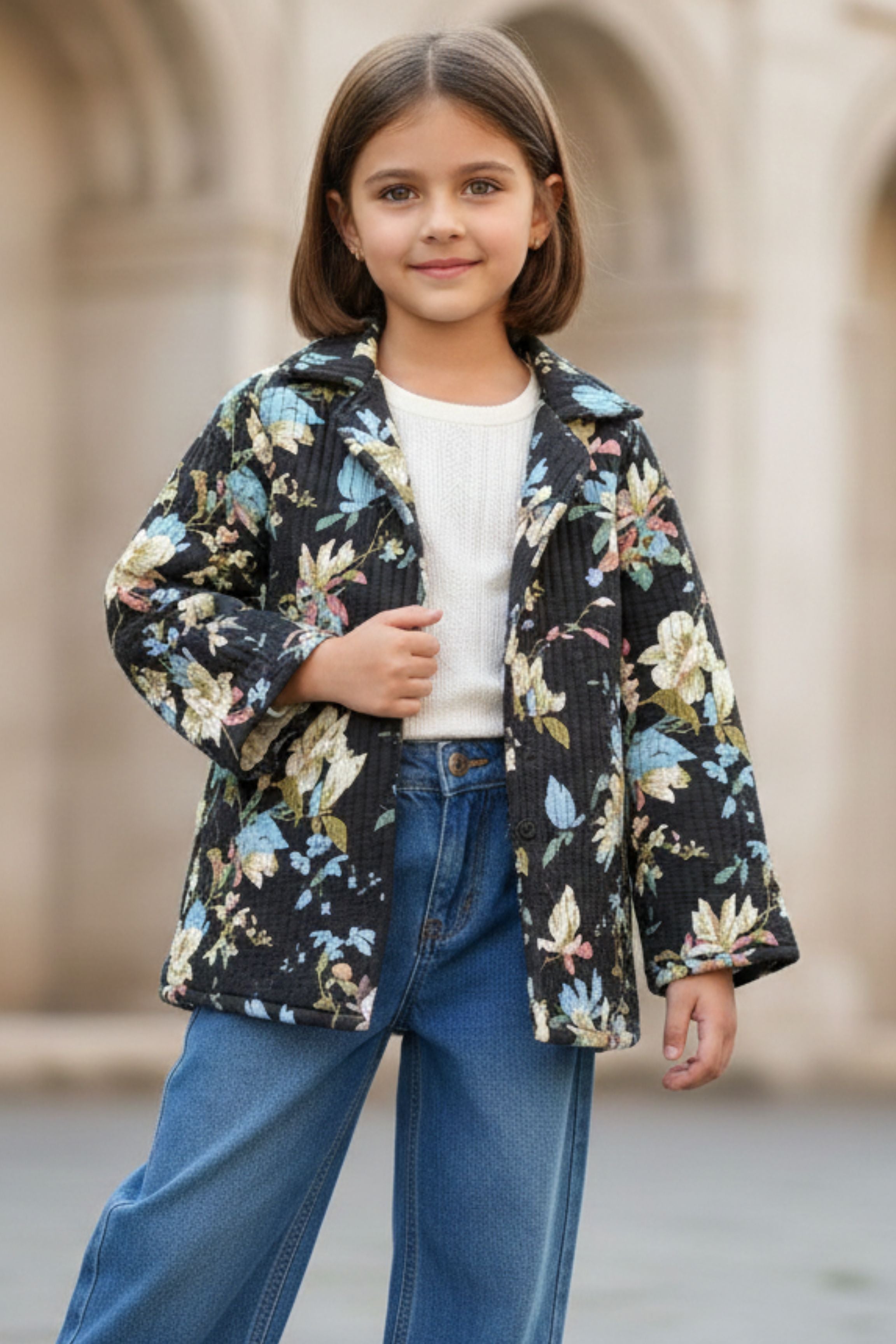 Girls Pure Cotton Printed Quilted Warm Jacket - Black