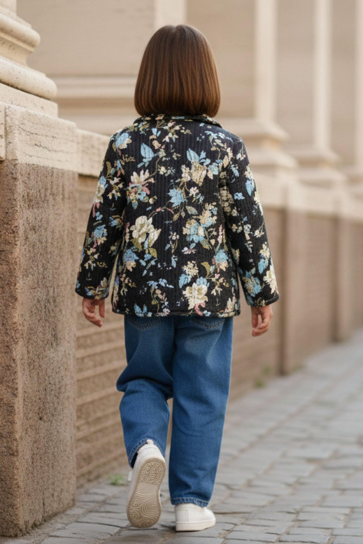 Girls Pure Cotton Printed Quilted Warm Jacket - Black