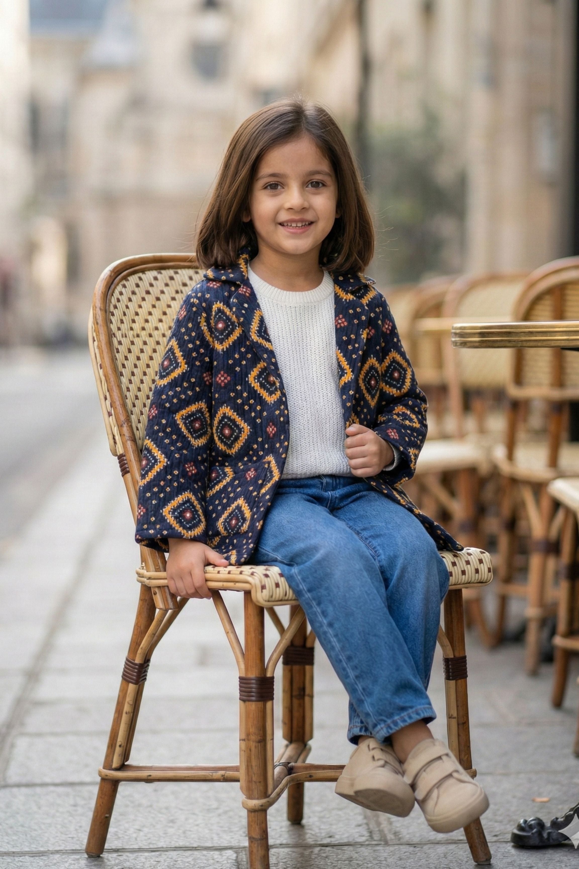 Girls Pure Cotton Printed Quilted Warm Jacket - Navy Blue