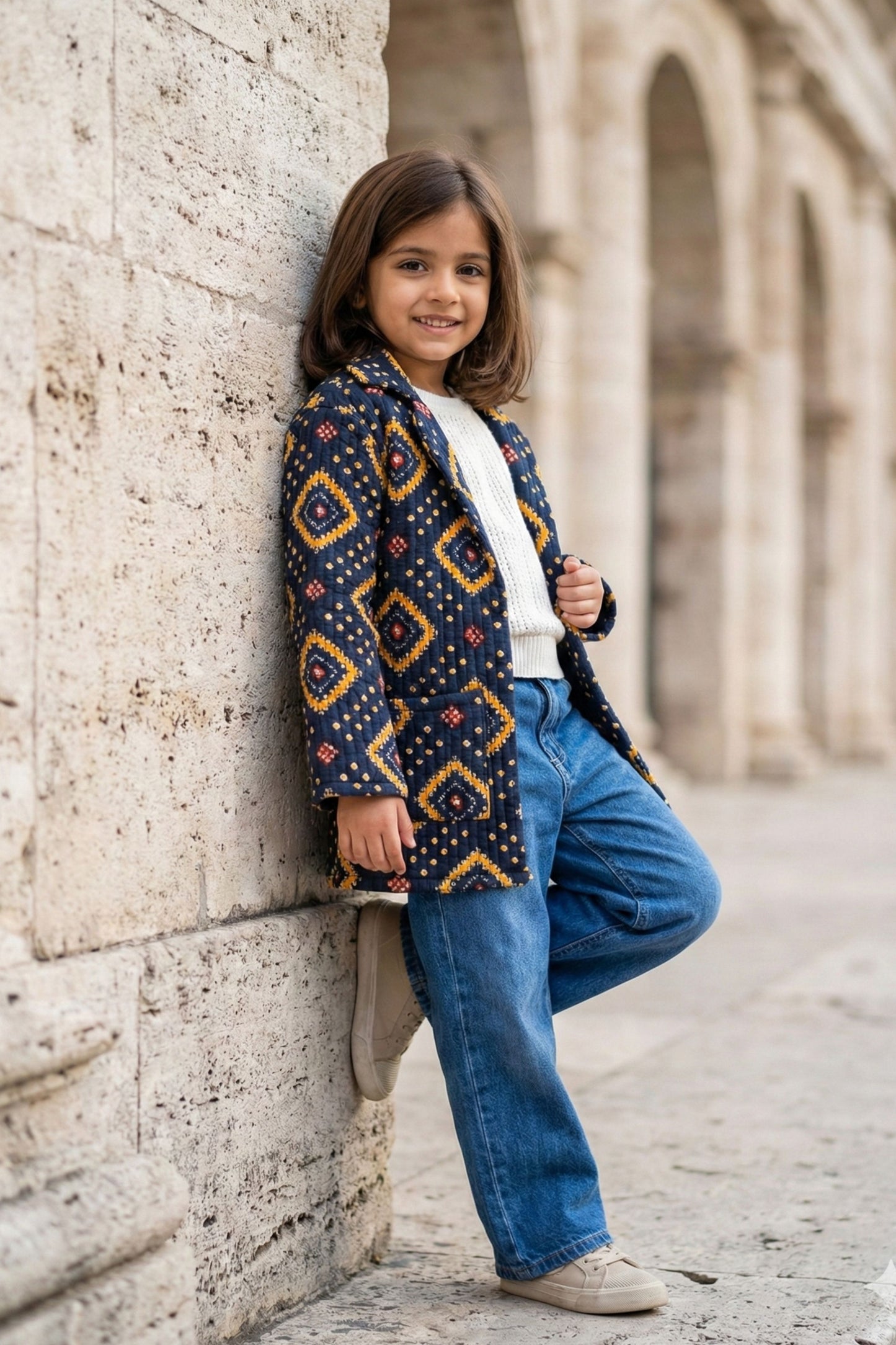 Girls Pure Cotton Printed Quilted Warm Jacket - Navy Blue