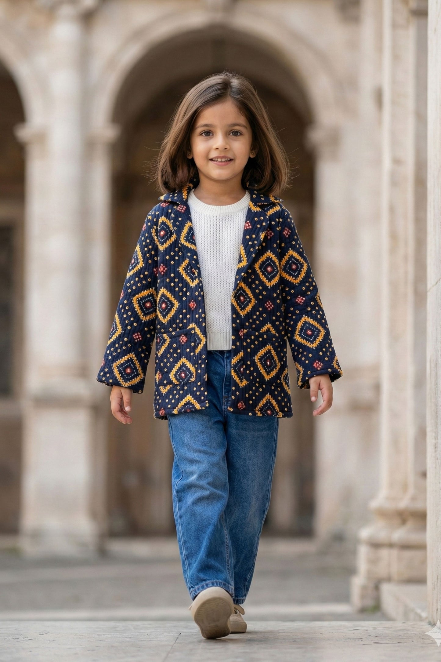 Girls Pure Cotton Printed Quilted Warm Jacket - Navy Blue