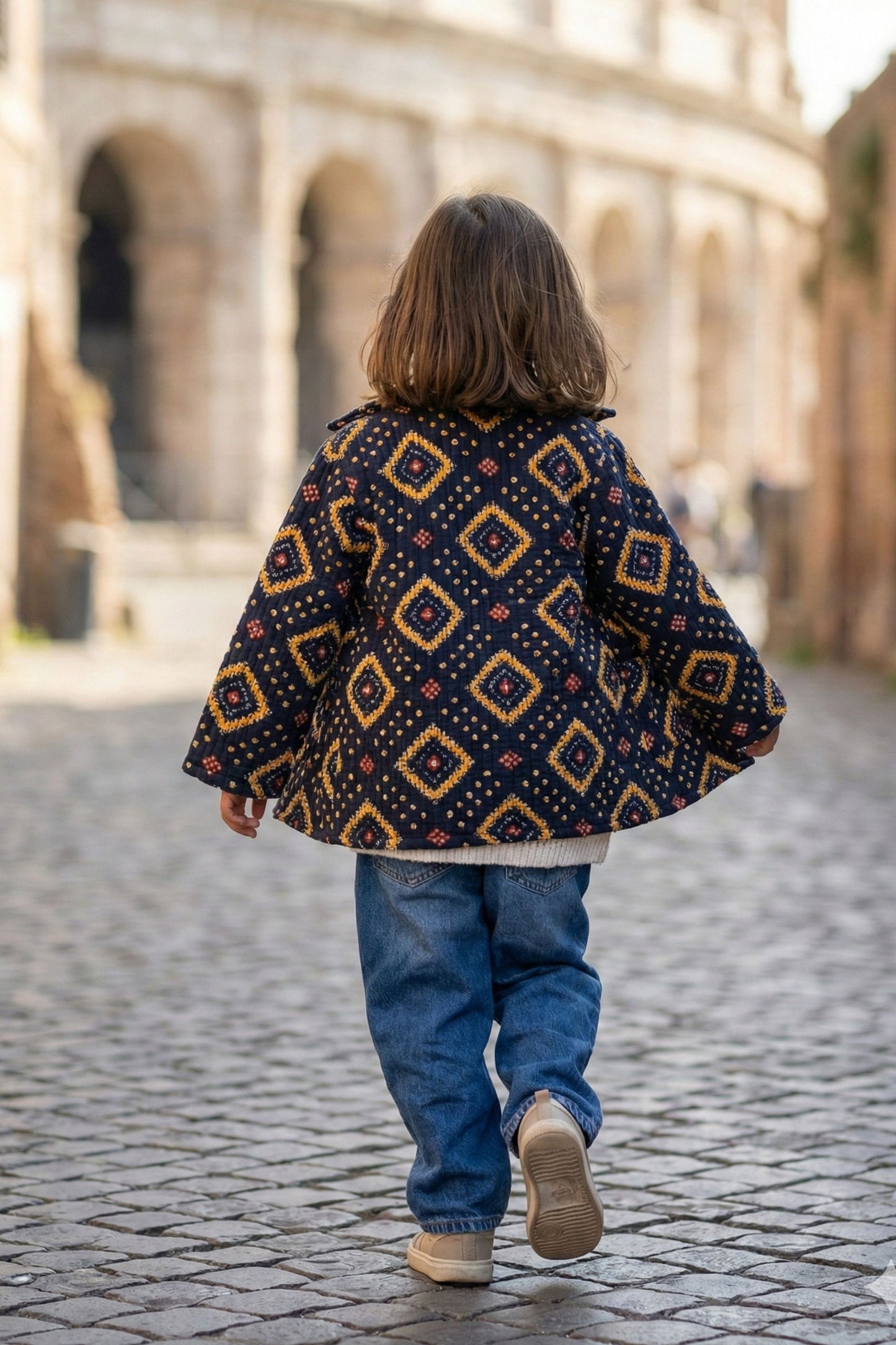 Girls Pure Cotton Printed Quilted Warm Jacket - Navy Blue